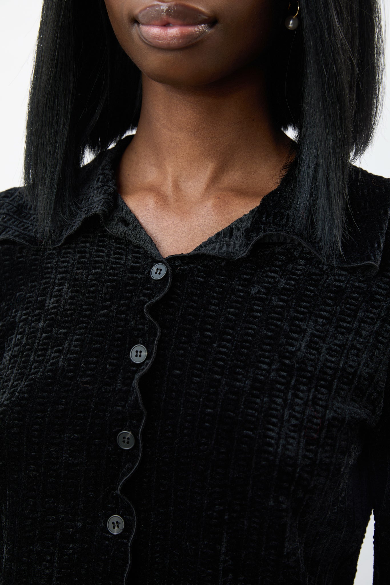 Black textured velvet ruffle trim long sleeve top_3