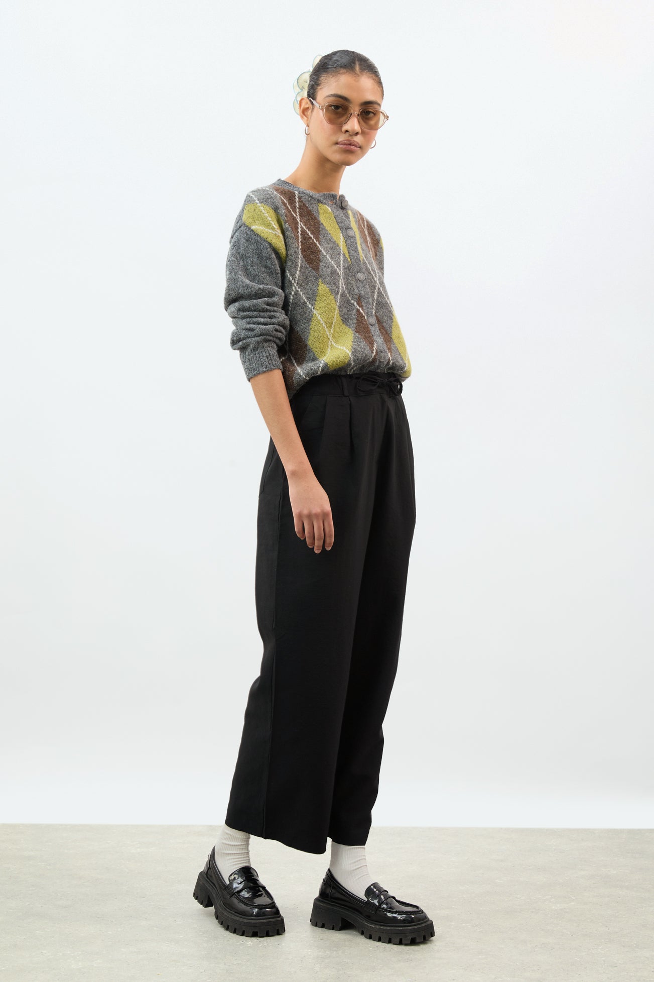 Black tie waist elasticated wide leg trousers_4