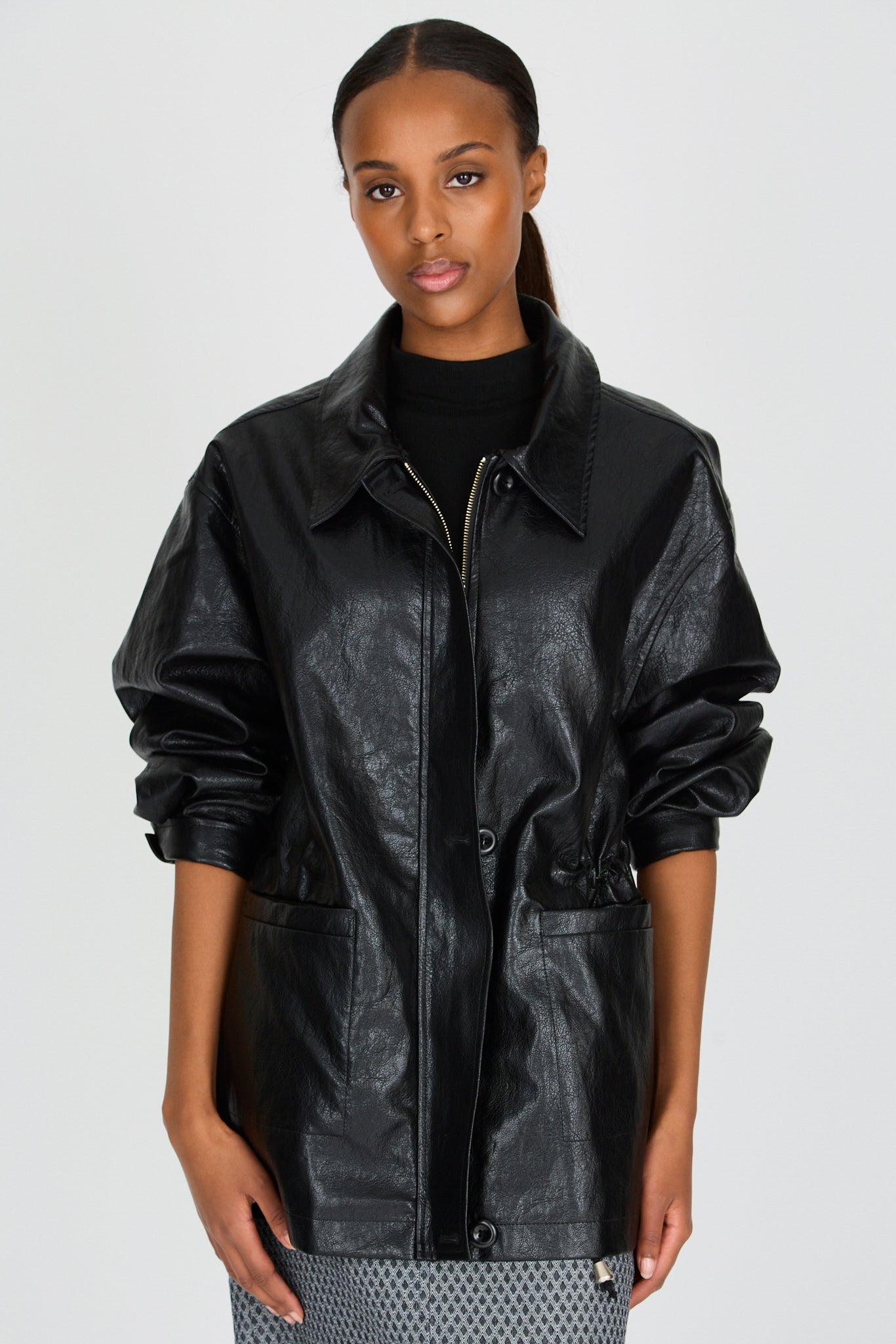 Black vegan leather cinch waist jacket_1