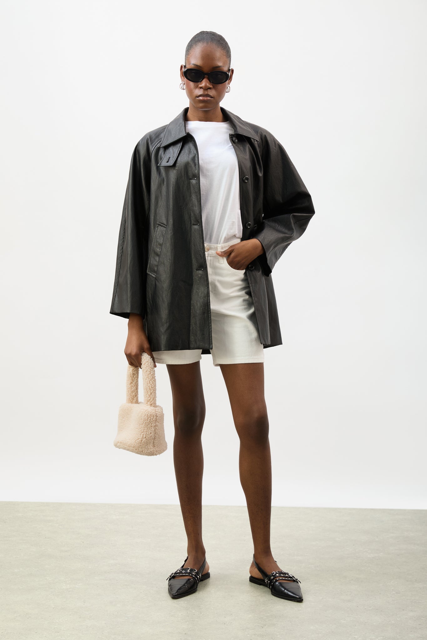 Black vegan leather long single breasted jacket_6