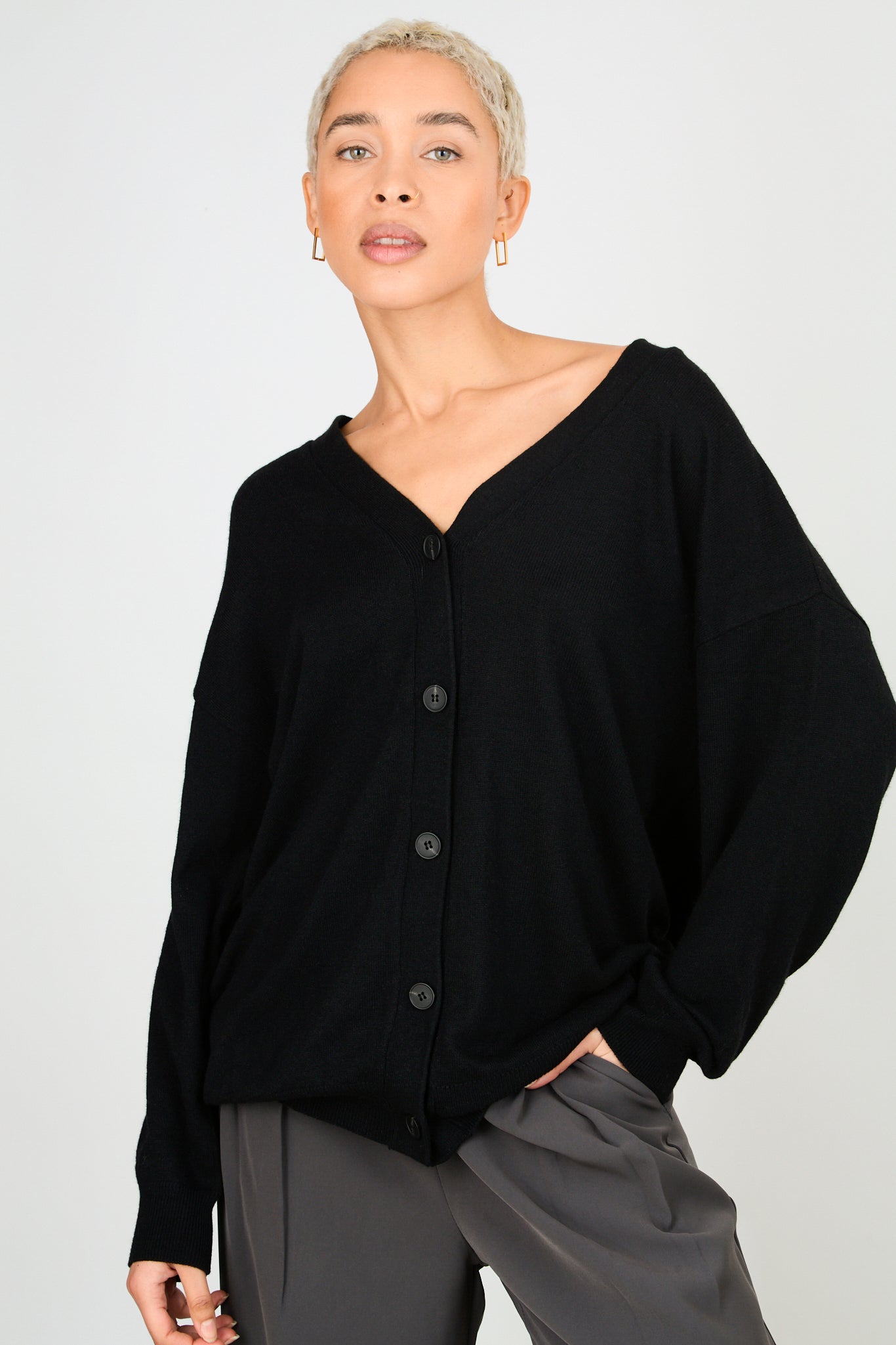 Black wool blend relaxed cardigan_1