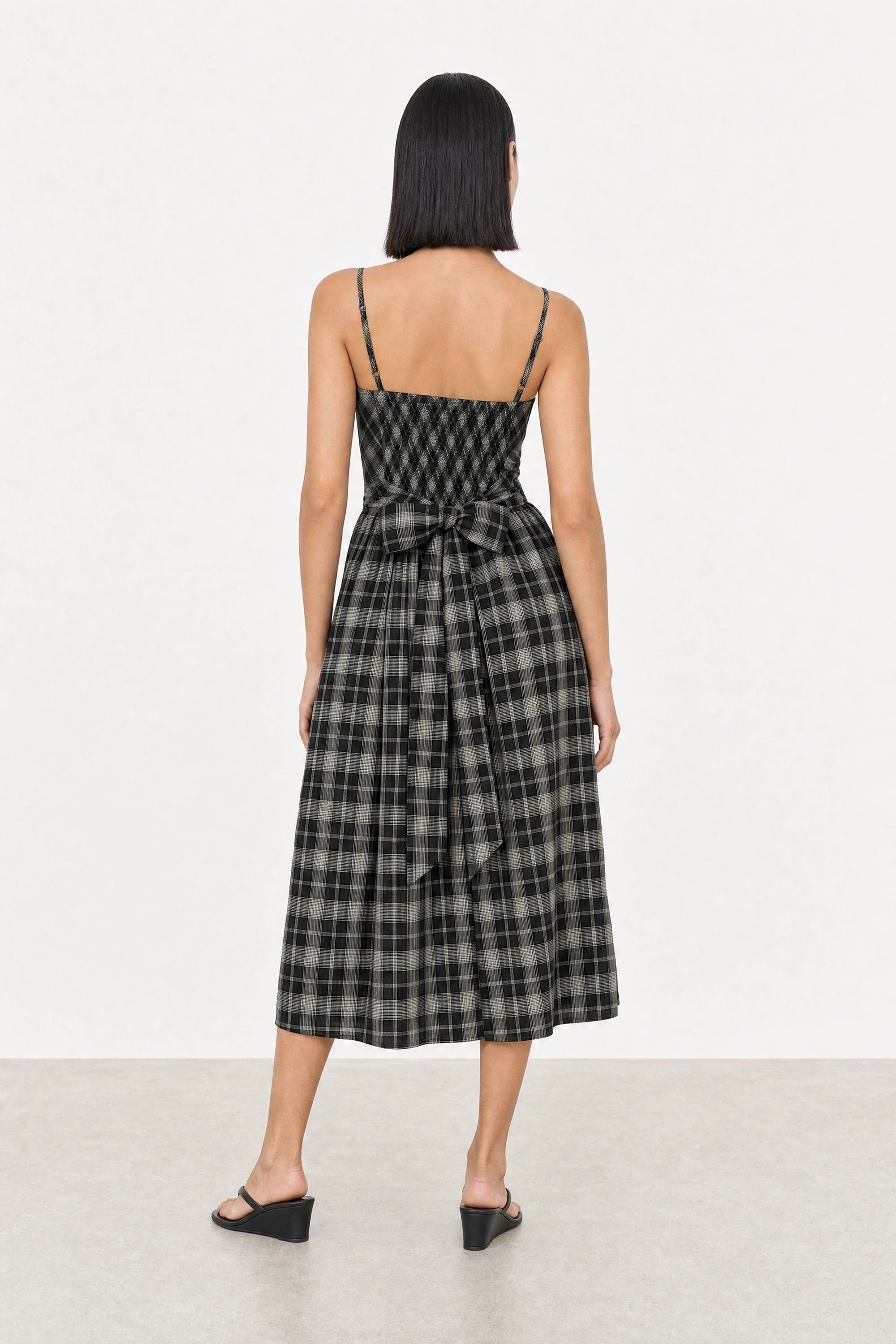 Black and white checked strappy tie back dress_4