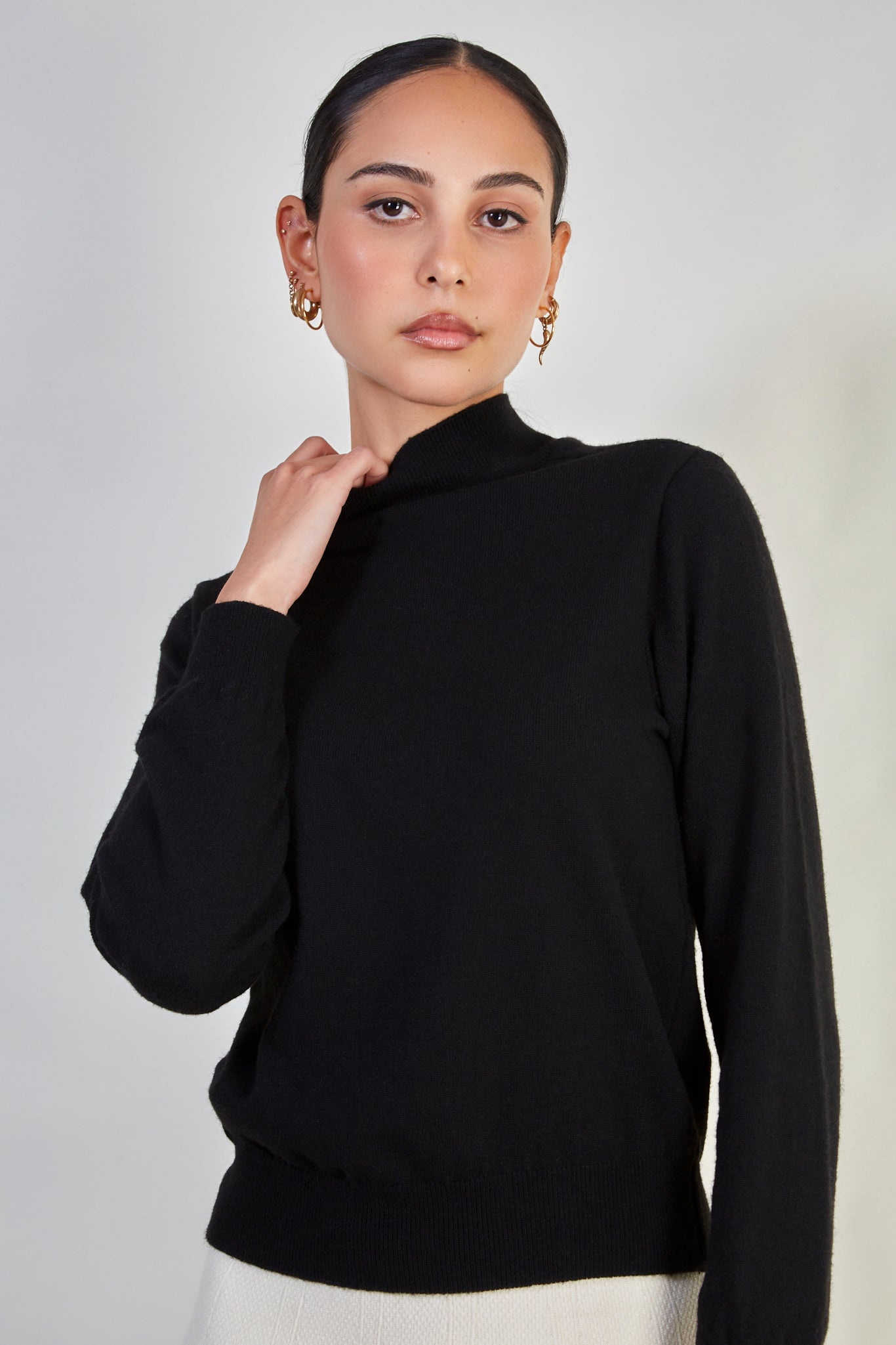Black alpaca blend mock neck knit top_1