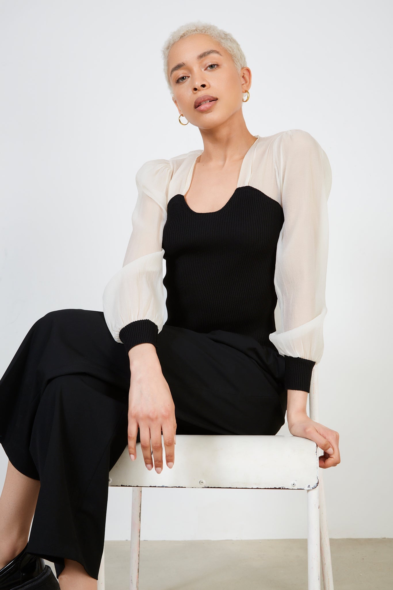 Black and ivory corset knit blouse_5