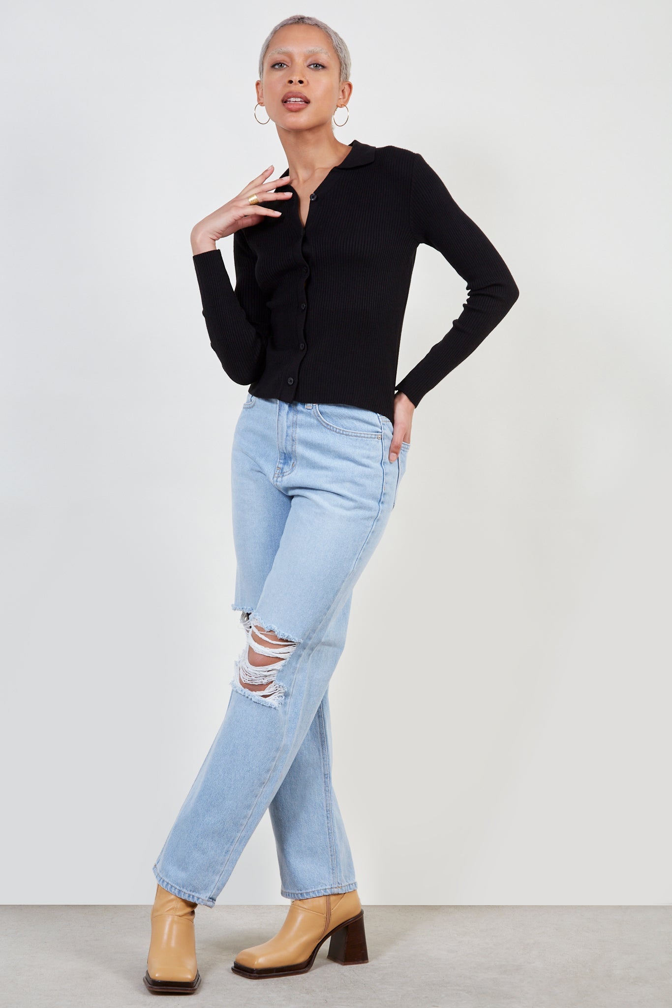 Black button front polo knit top_3