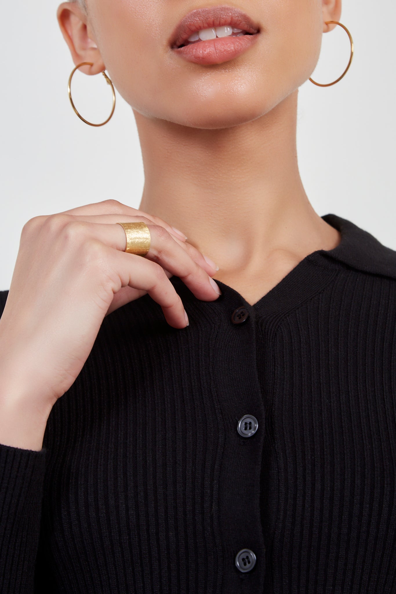 Black button front polo knit top_4