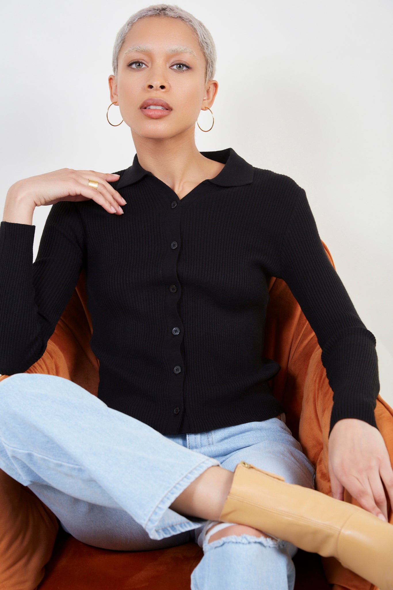 Black button front polo knit top_1