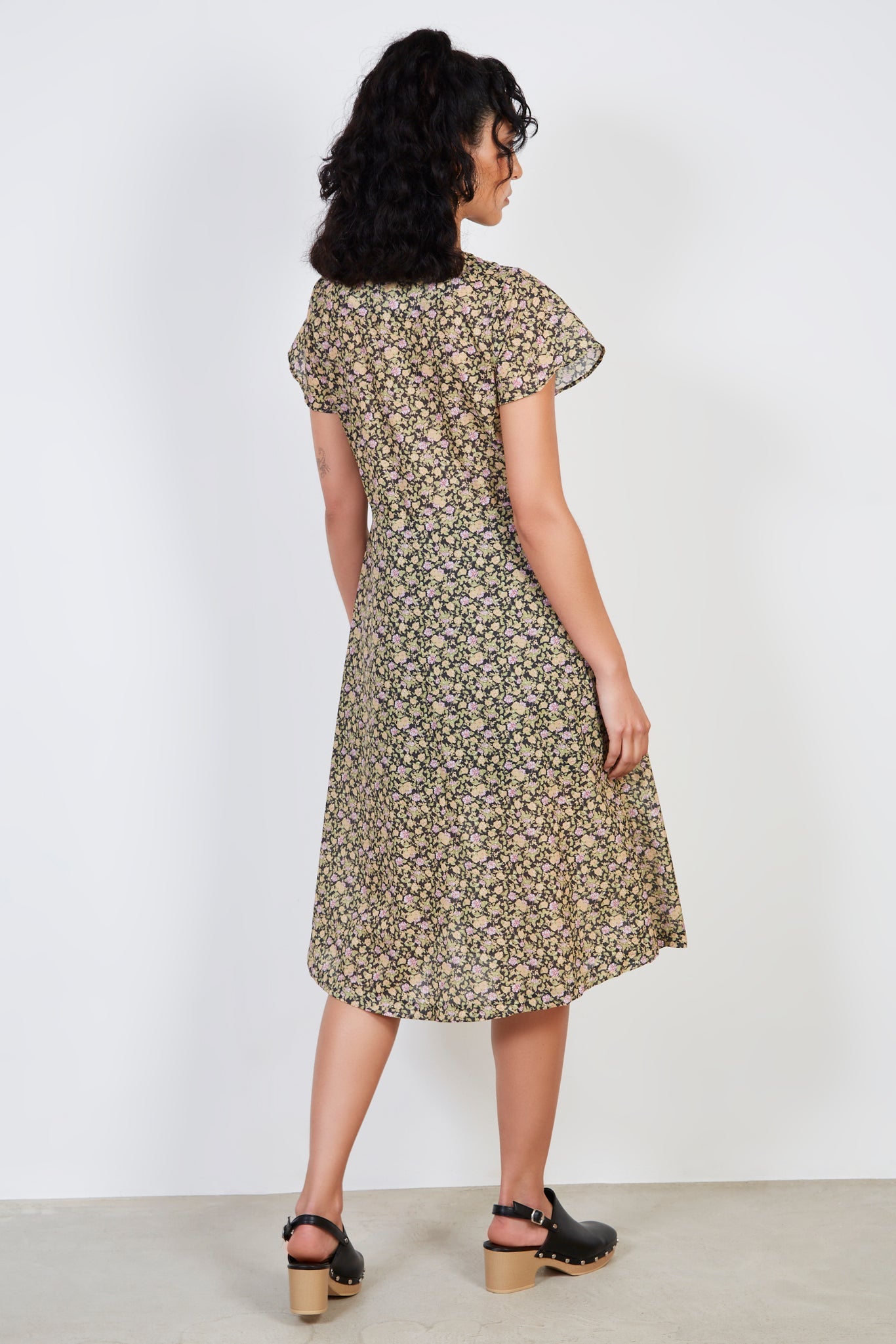 Black lilac and yellow floral print button front dress_2