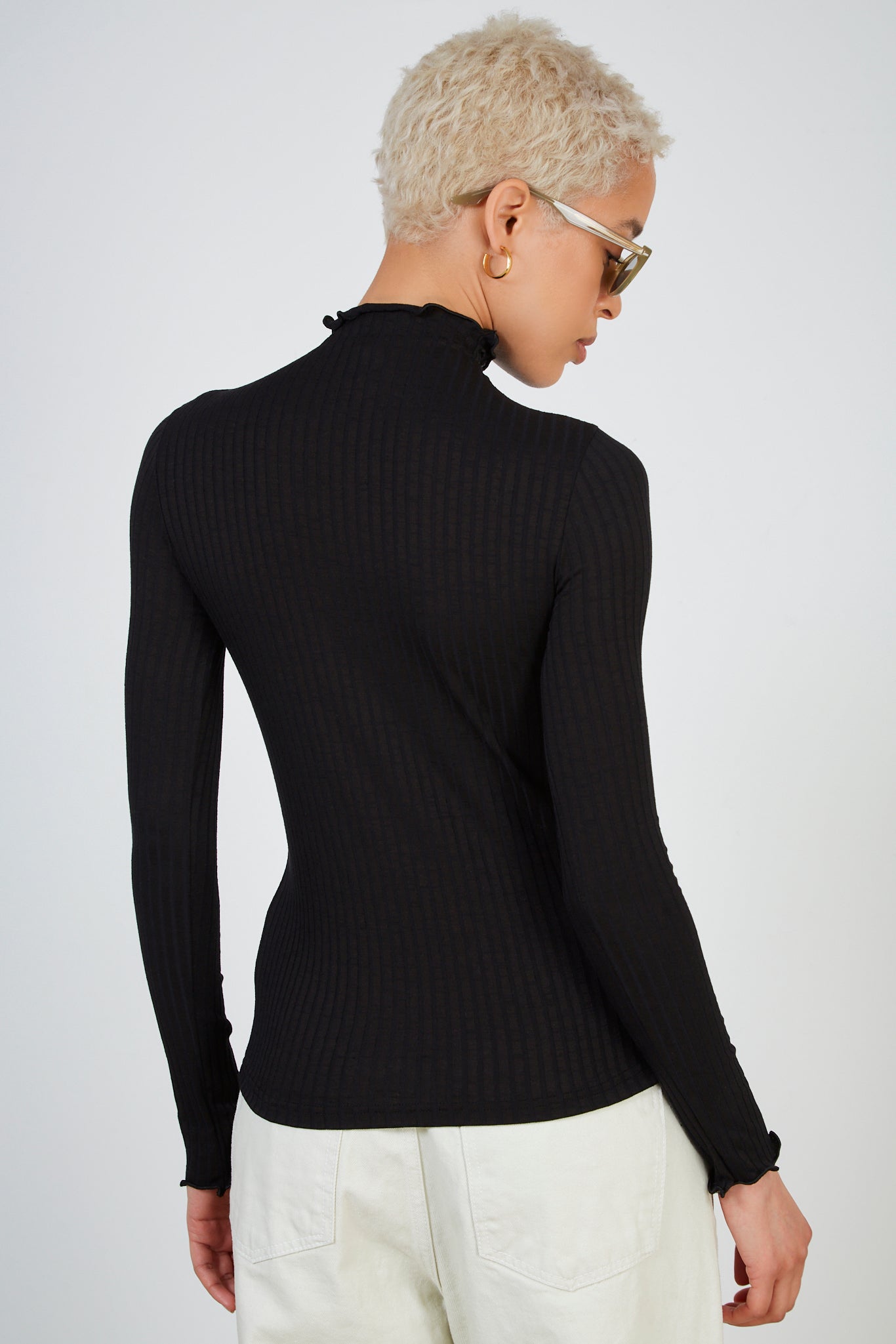 Black ribbed mock neck ruffle trim top_2
