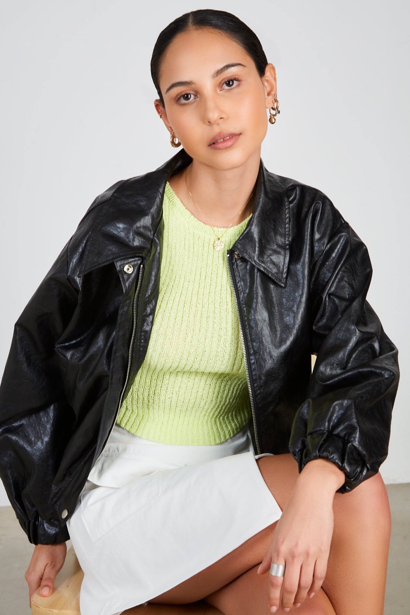 Black shiny vegan leather zip up jacket_6