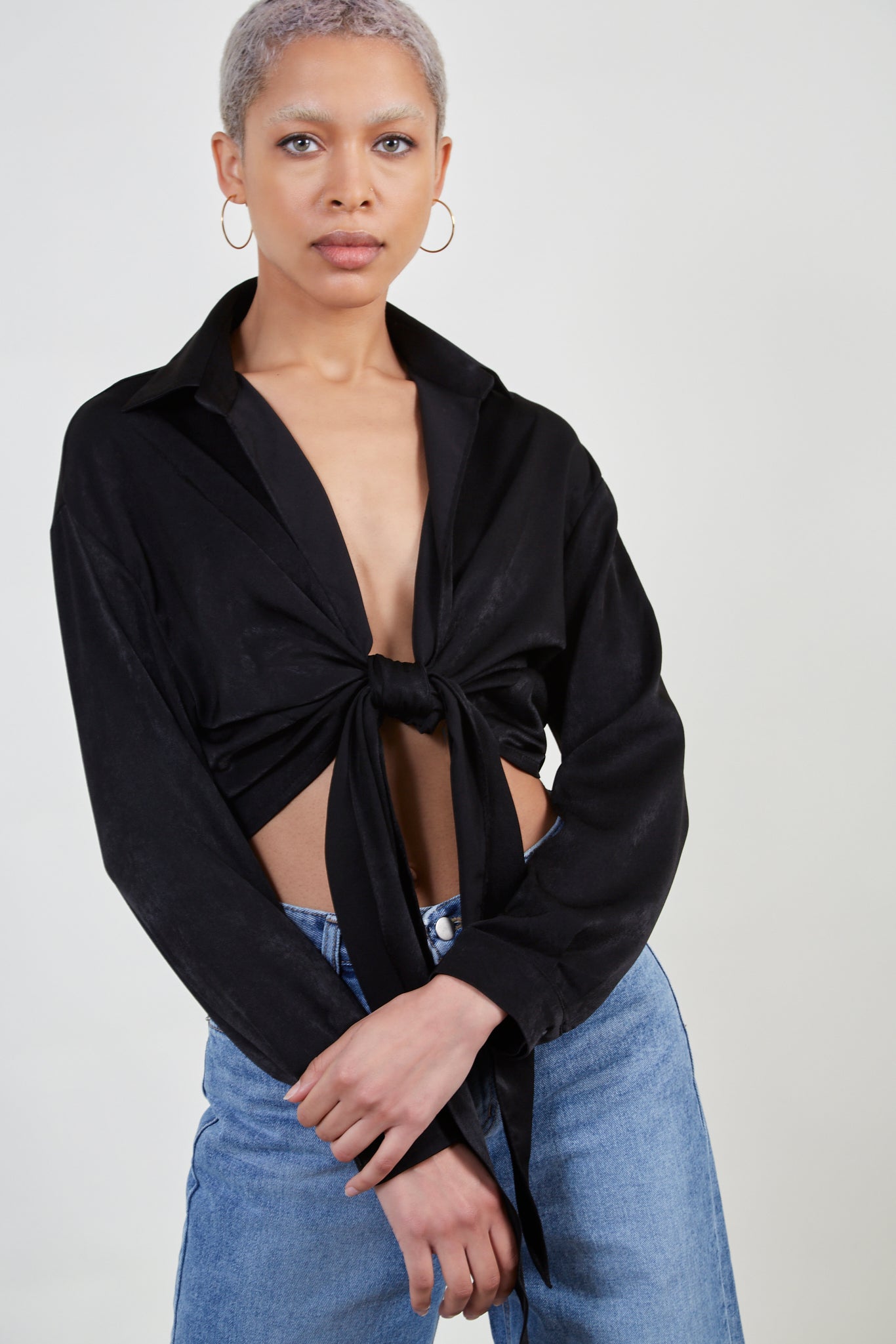 Black silky plunging tie front shirt_2