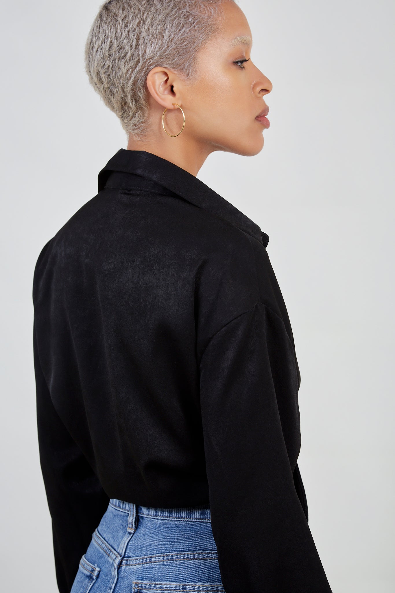 Black silky plunging tie front shirt_5