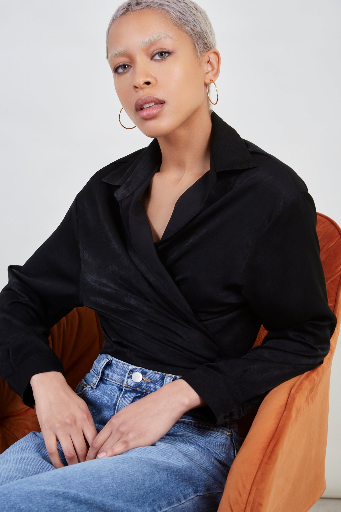 Black silky plunging tie front shirt_1