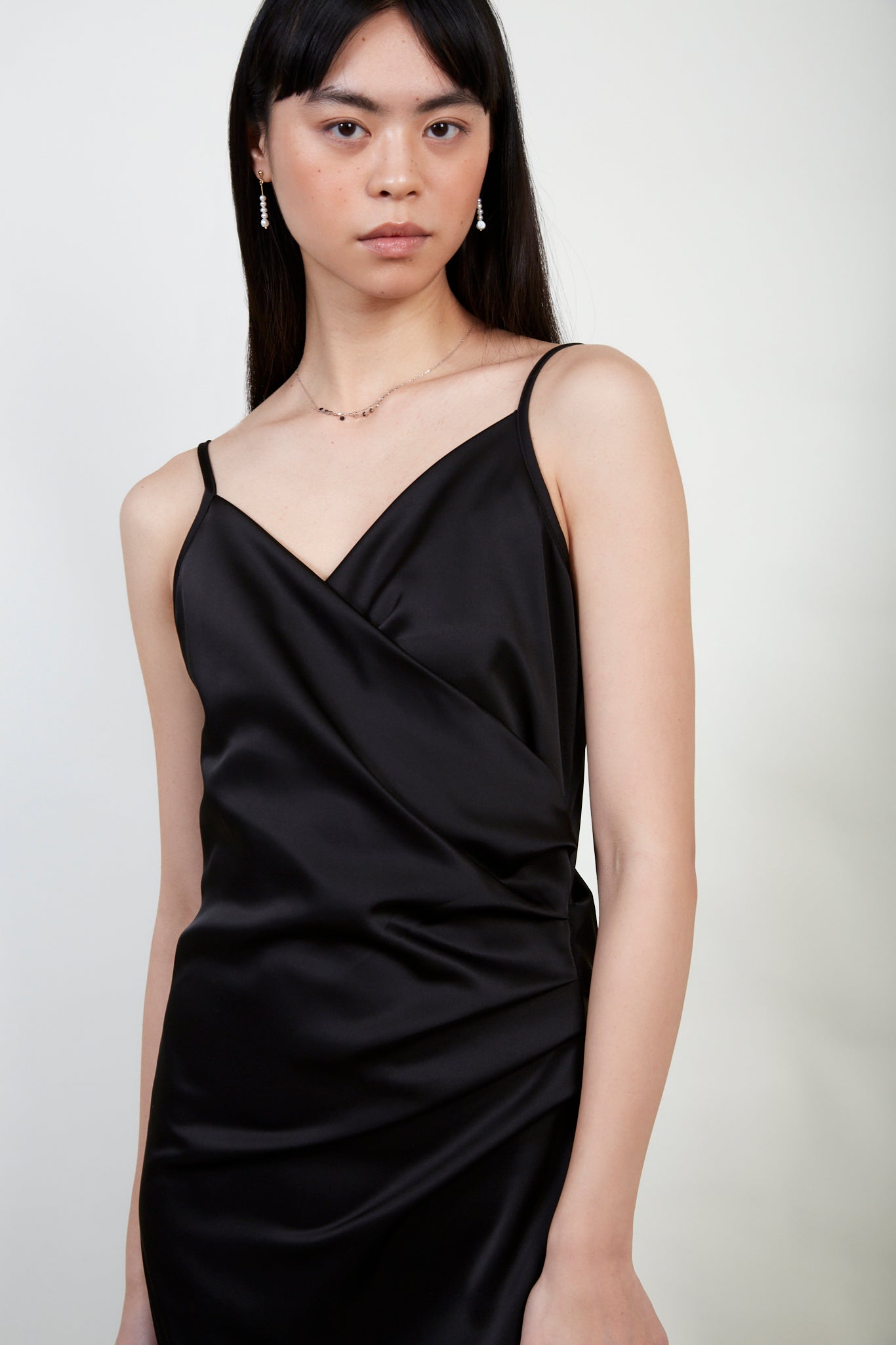 Black silky side gathered dress_2