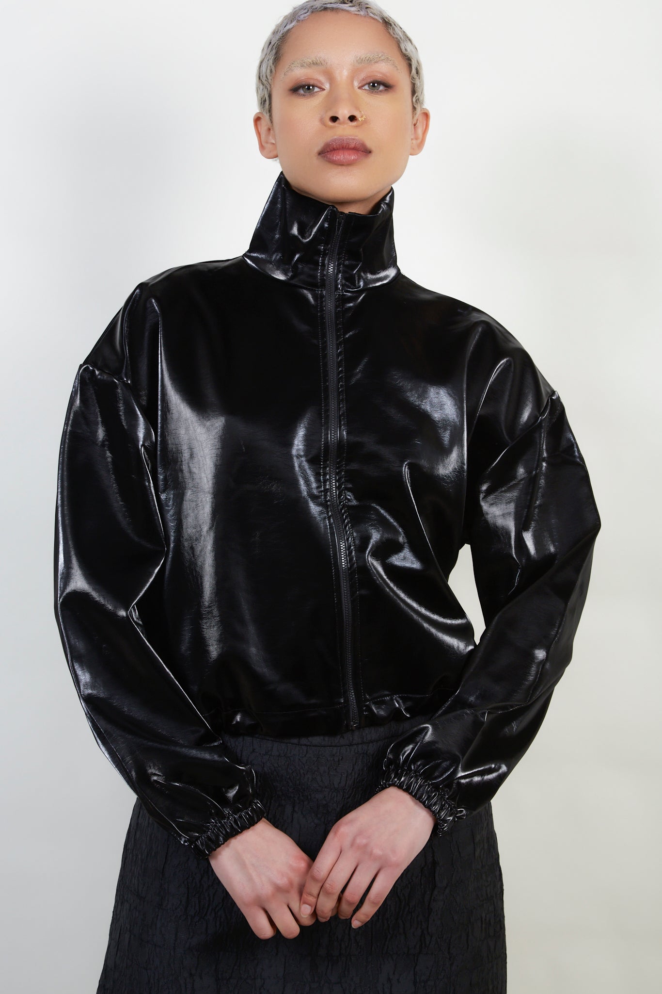 Black vegan leather puffer jacket_3