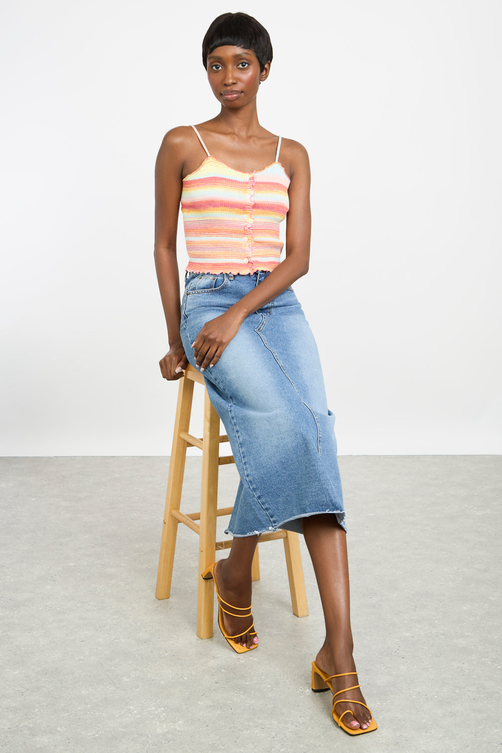 Blood orange and blue striped button front tank_5