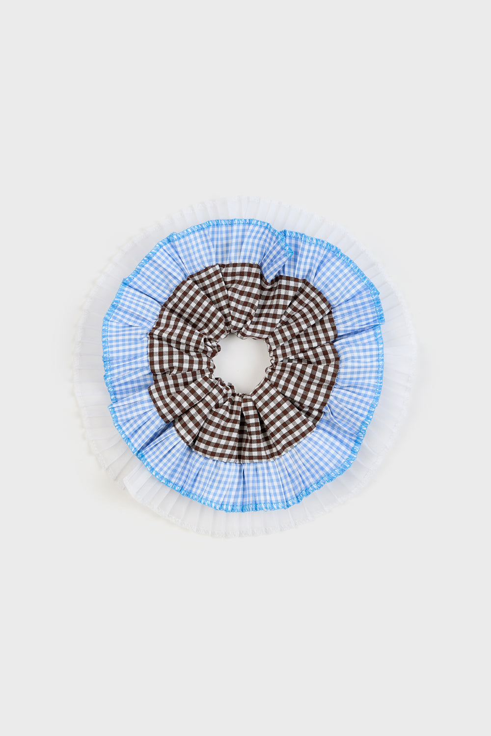 Blue and brown gingham sheer frill scrunchie_1