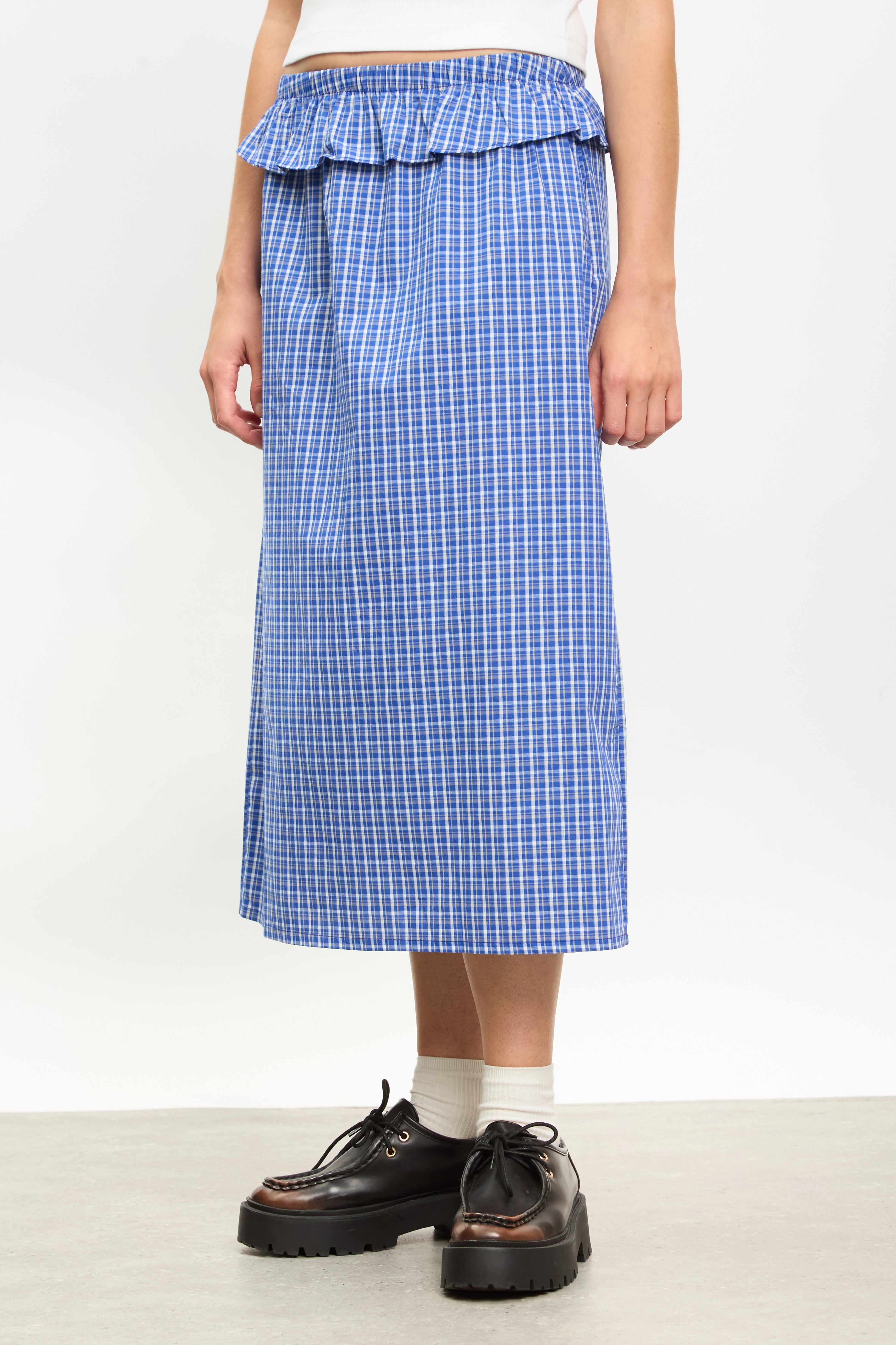 Blue and ivory plaid frill waist skirt_1