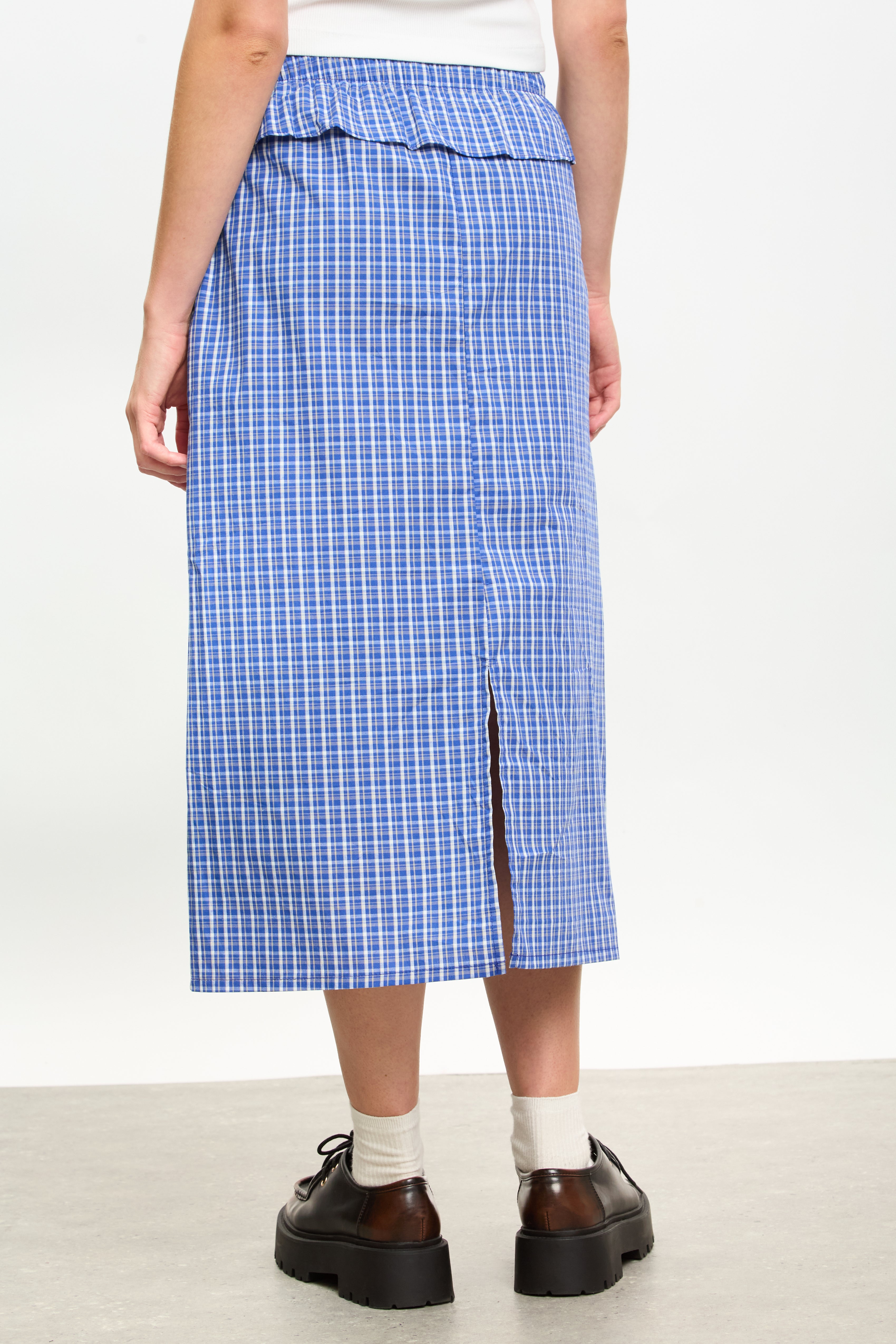 Blue and ivory plaid frill waist skirt_2