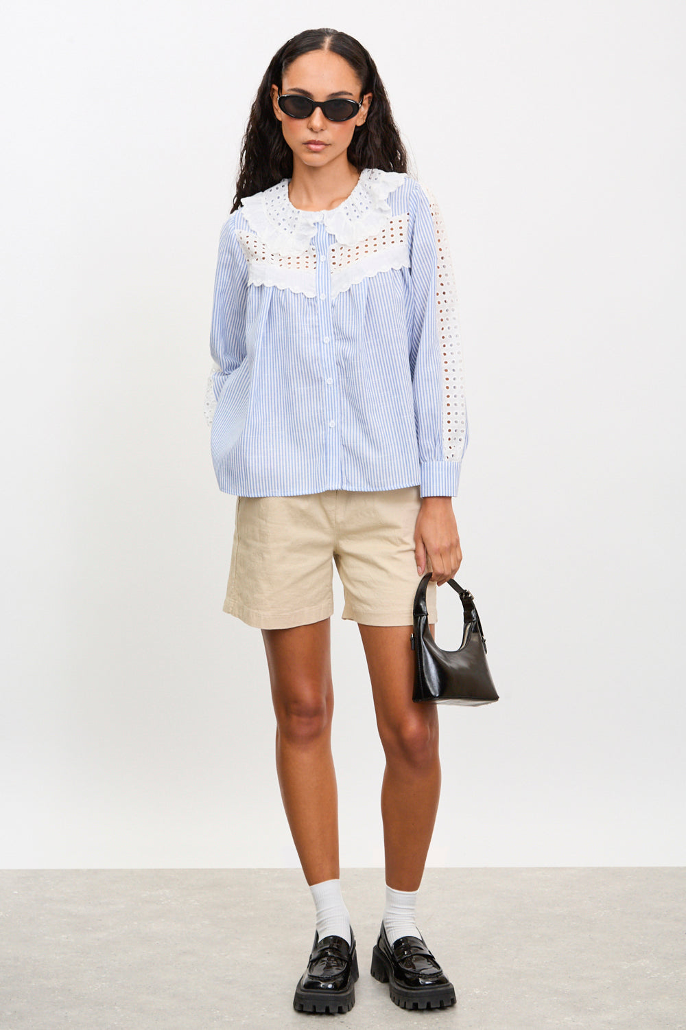Blue and ivory striped eyelet collar blouse_4