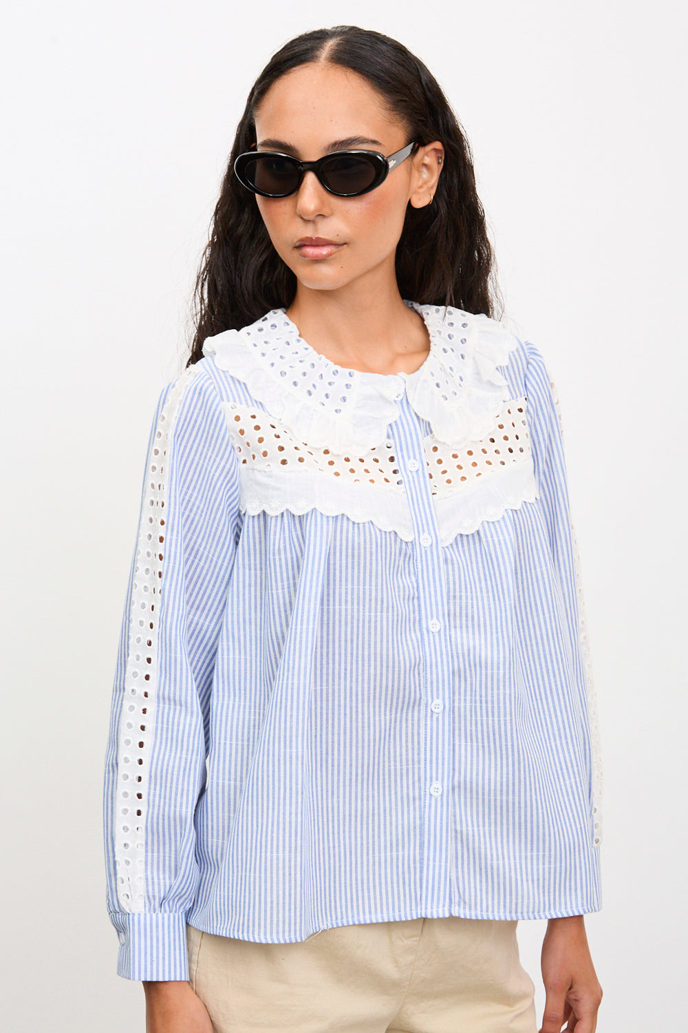 Blue and ivory striped eyelet collar blouse_1