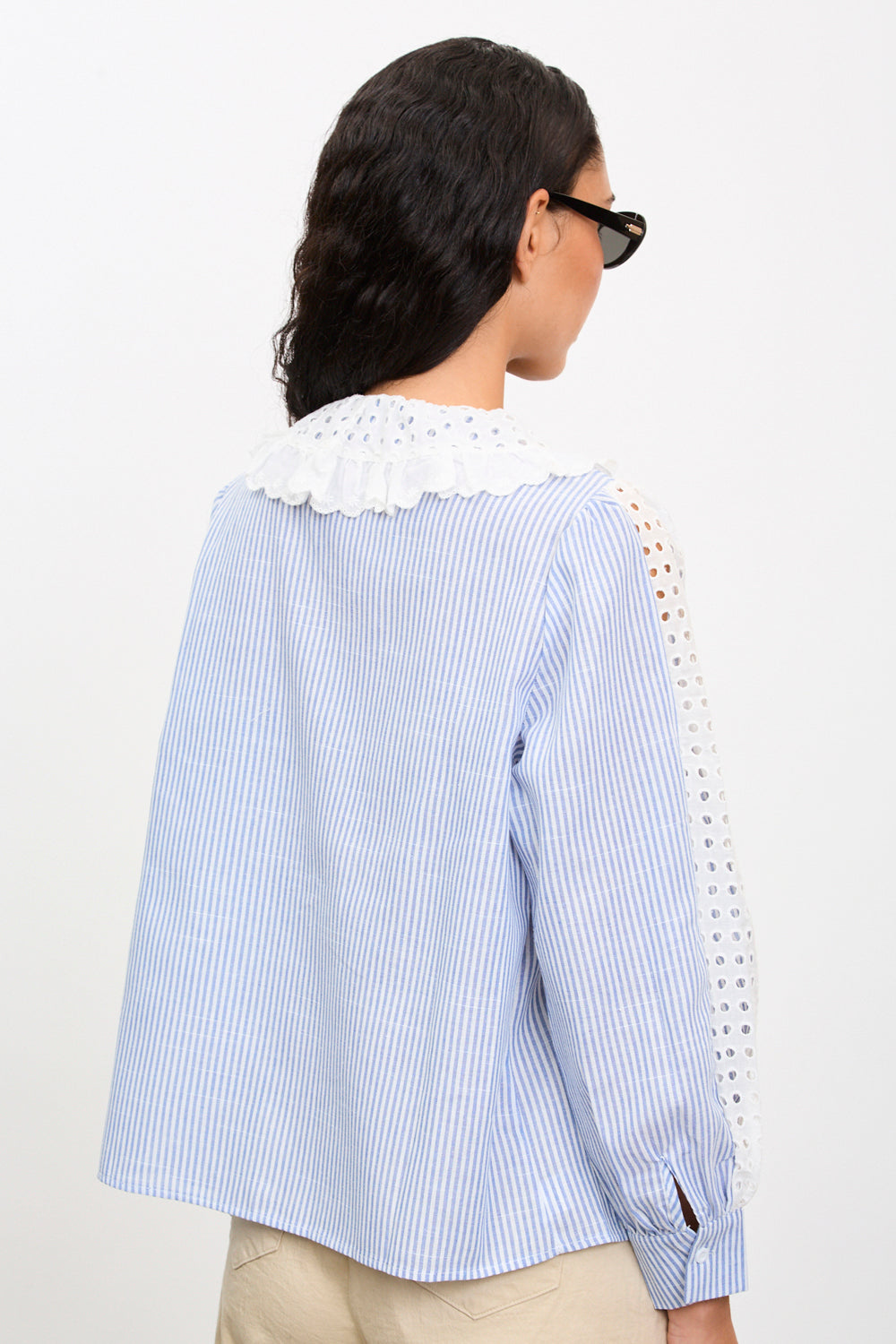 Blue and ivory striped eyelet collar blouse_2