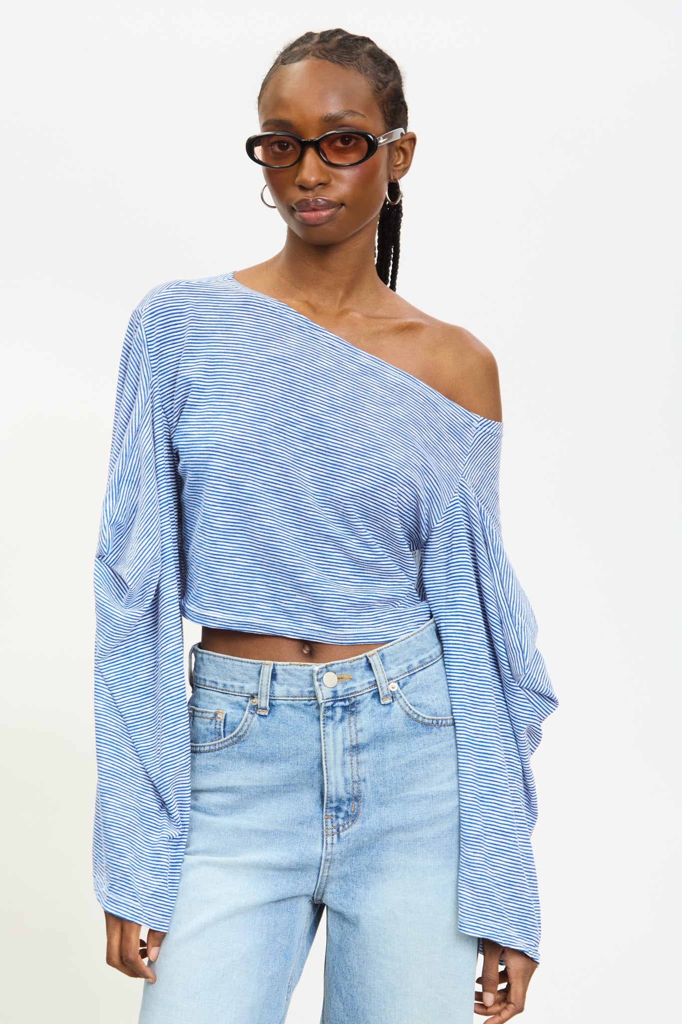 Blue and ivory striped off shoulder slouchy top | Glassworks London