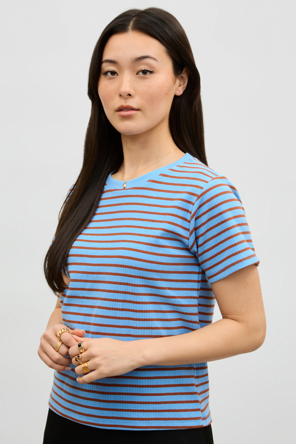 Blue and orange striped short sleeve t-shirt_1