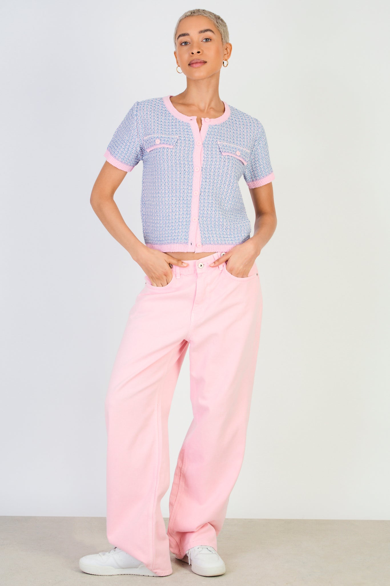 Blue and pink short sleeved mix knit cardigan_4
