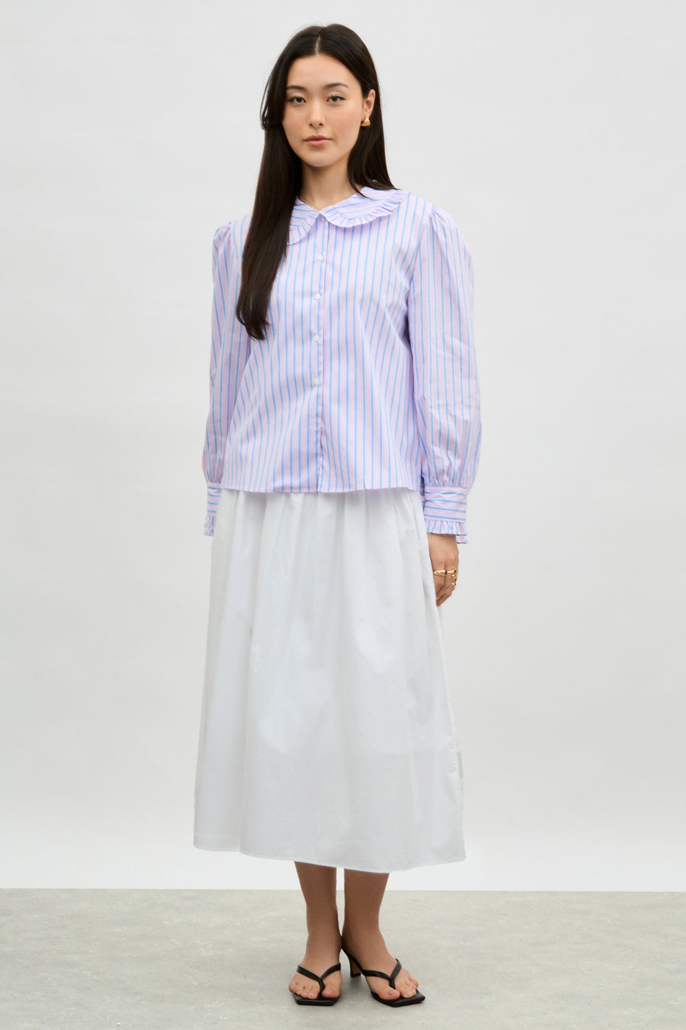 Blue and pink striped frilly collar shirt_4