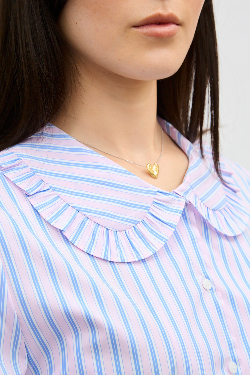 Blue and pink striped frilly collar shirt_3
