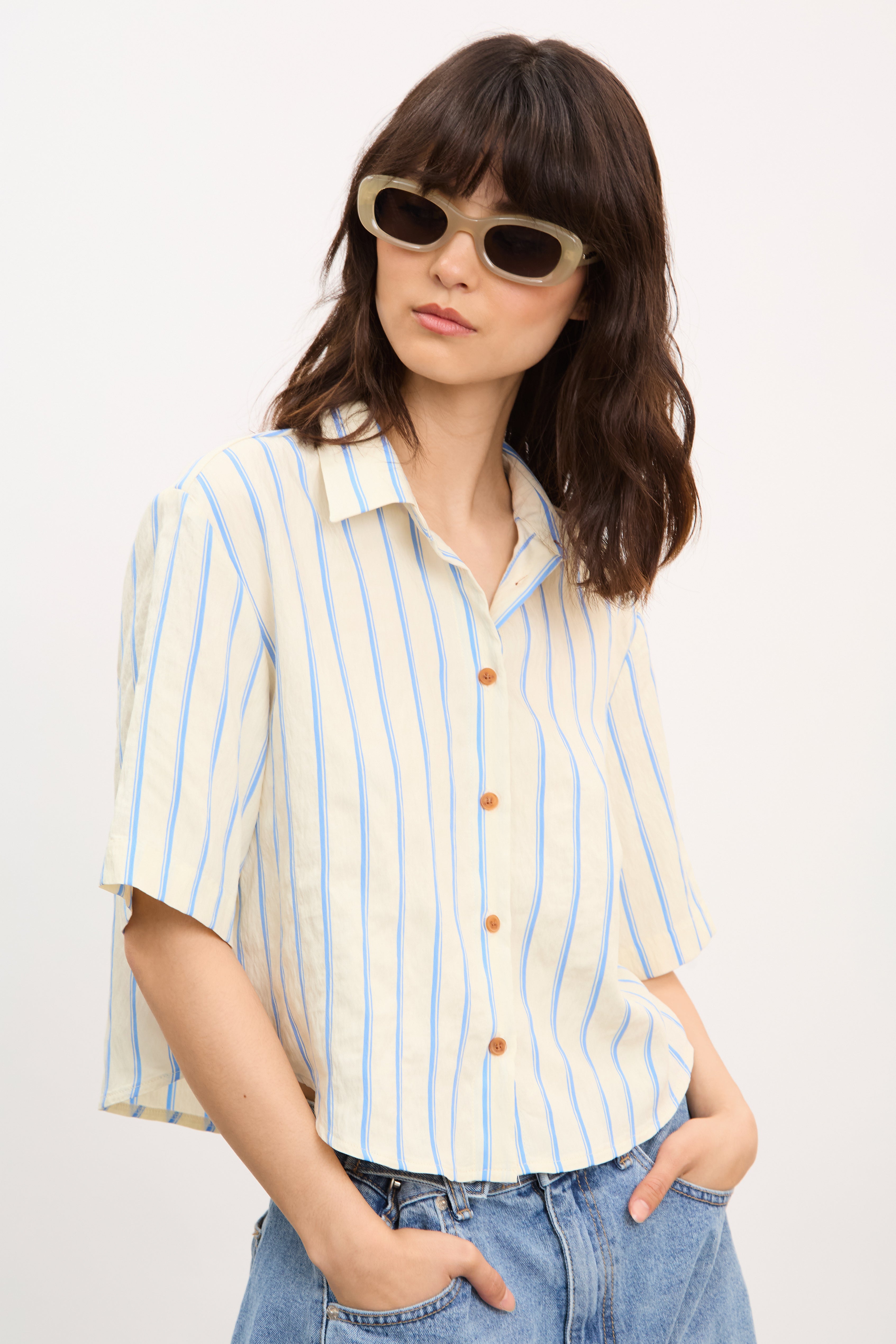 Bright blue and ivory double stripe short sleeve shirt_1