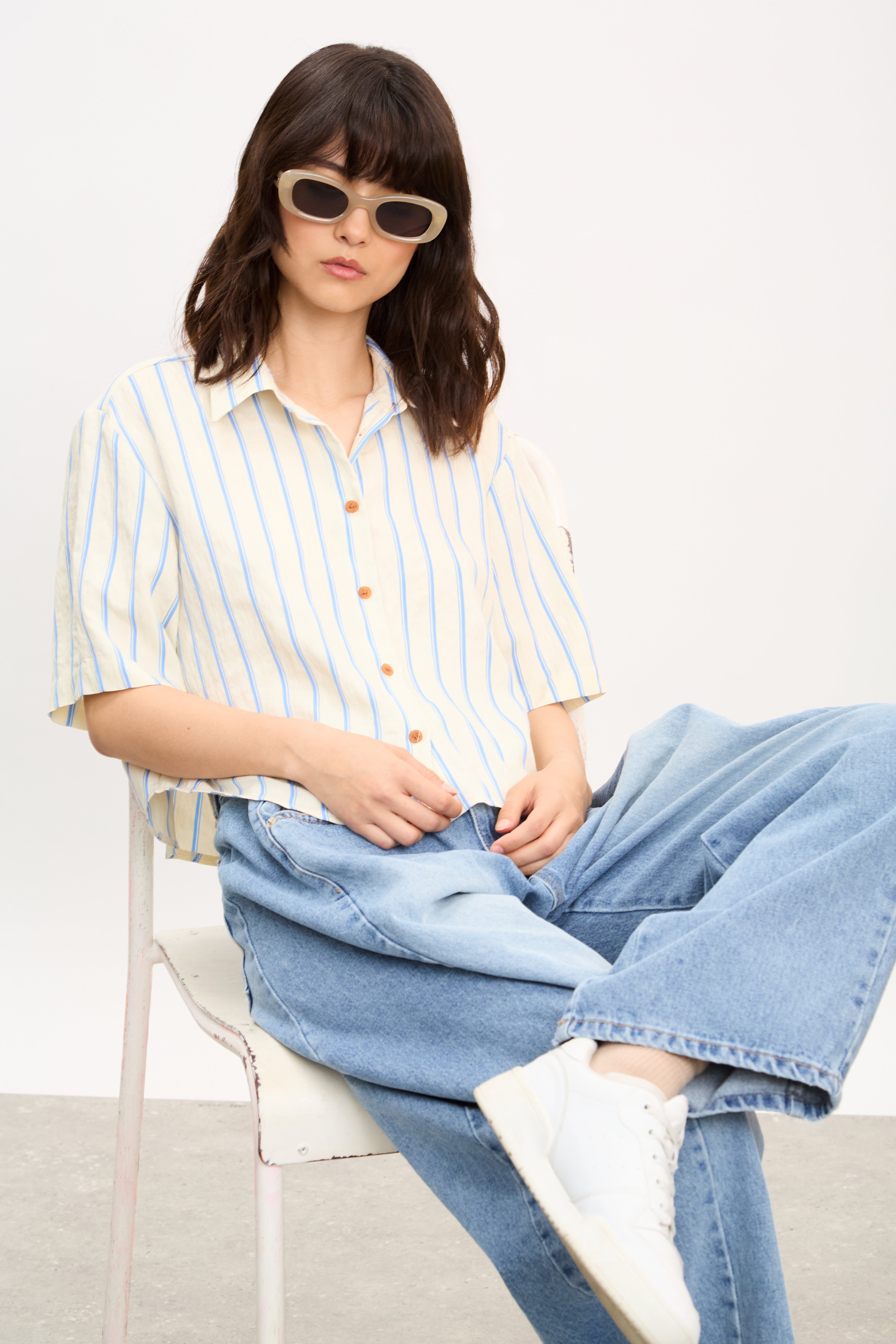 Bright blue and ivory double stripe short sleeve shirt_5