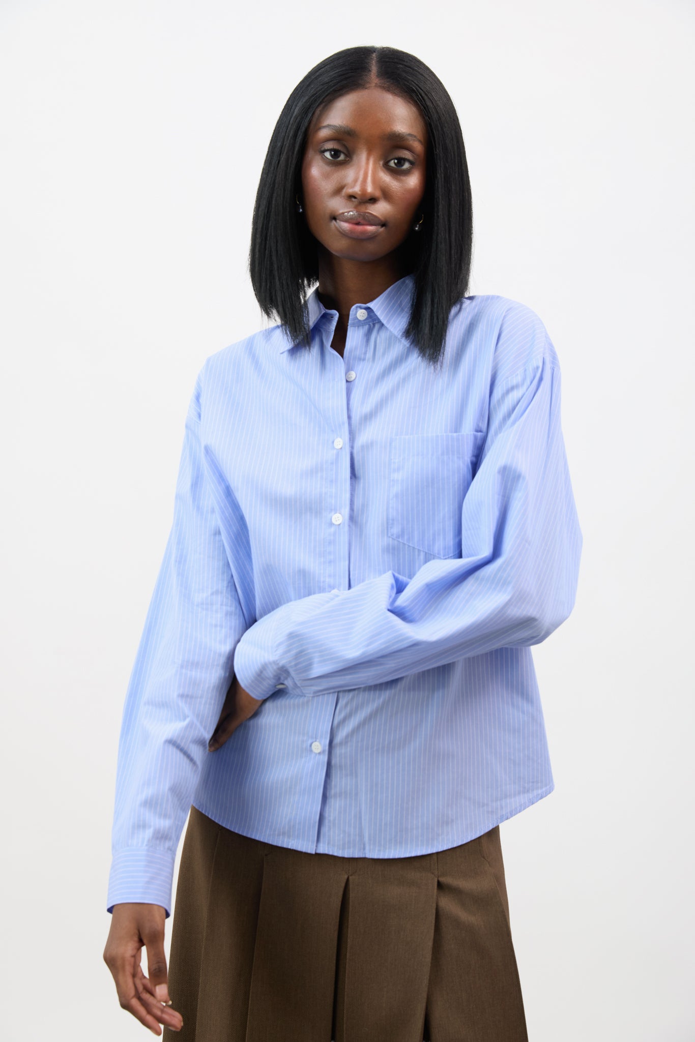 Blue and white pinstriped loose fit shirt_1