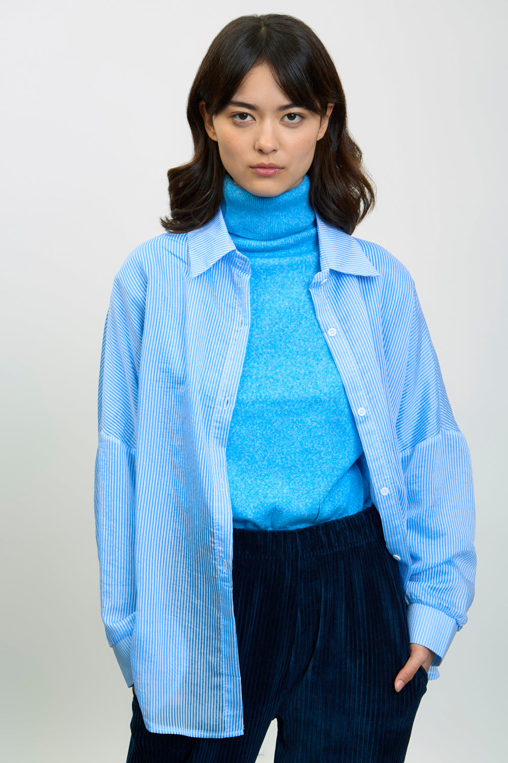 Blue and white semi sheer striped shirt_1