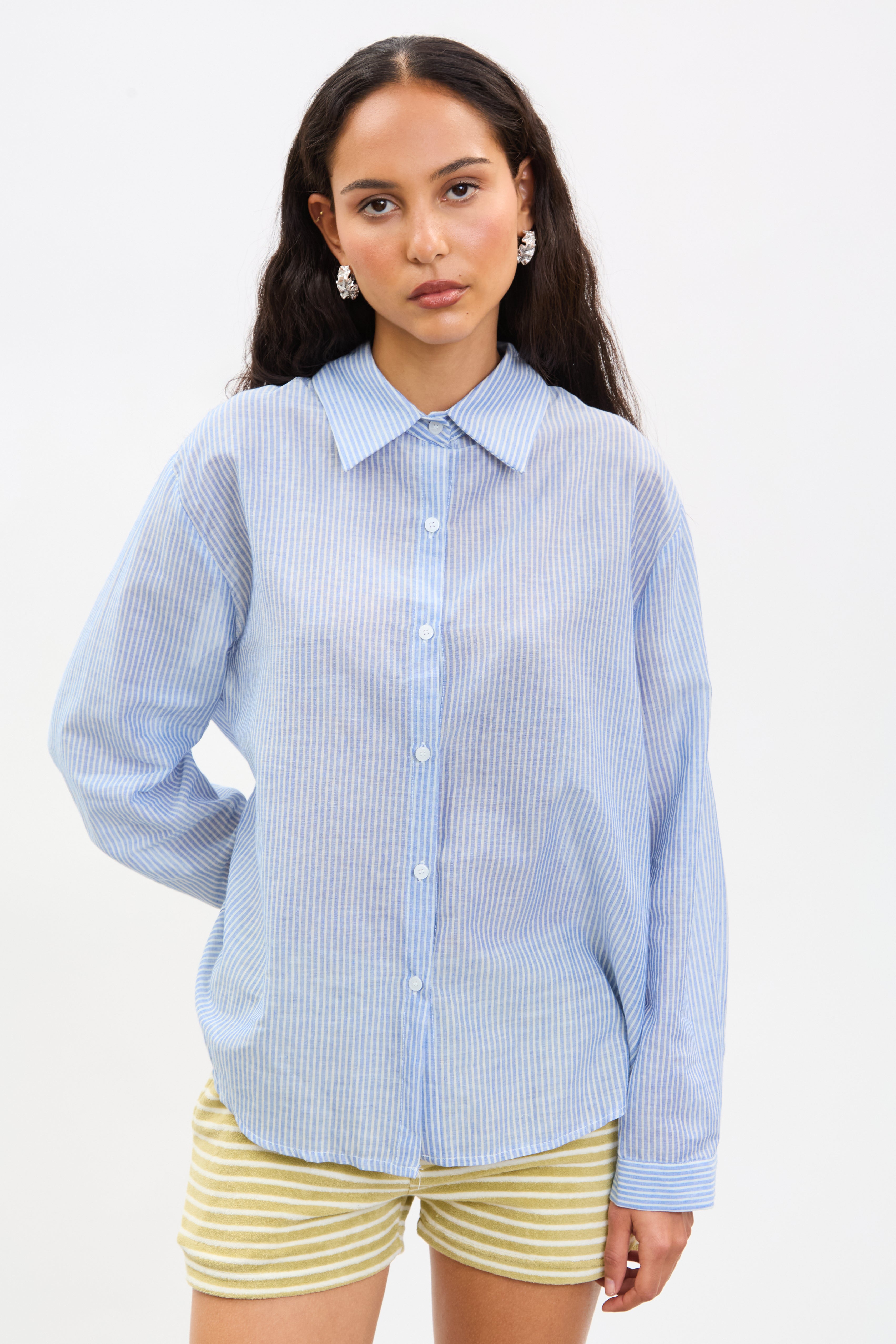 Blue and white striped open tie back shirt_2