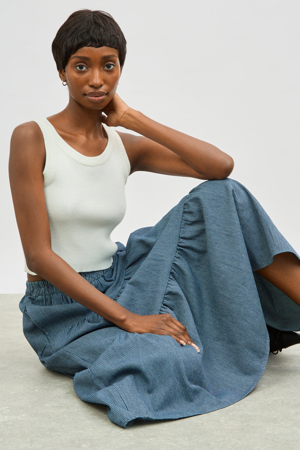 Blue and white striped tiered skirt_5