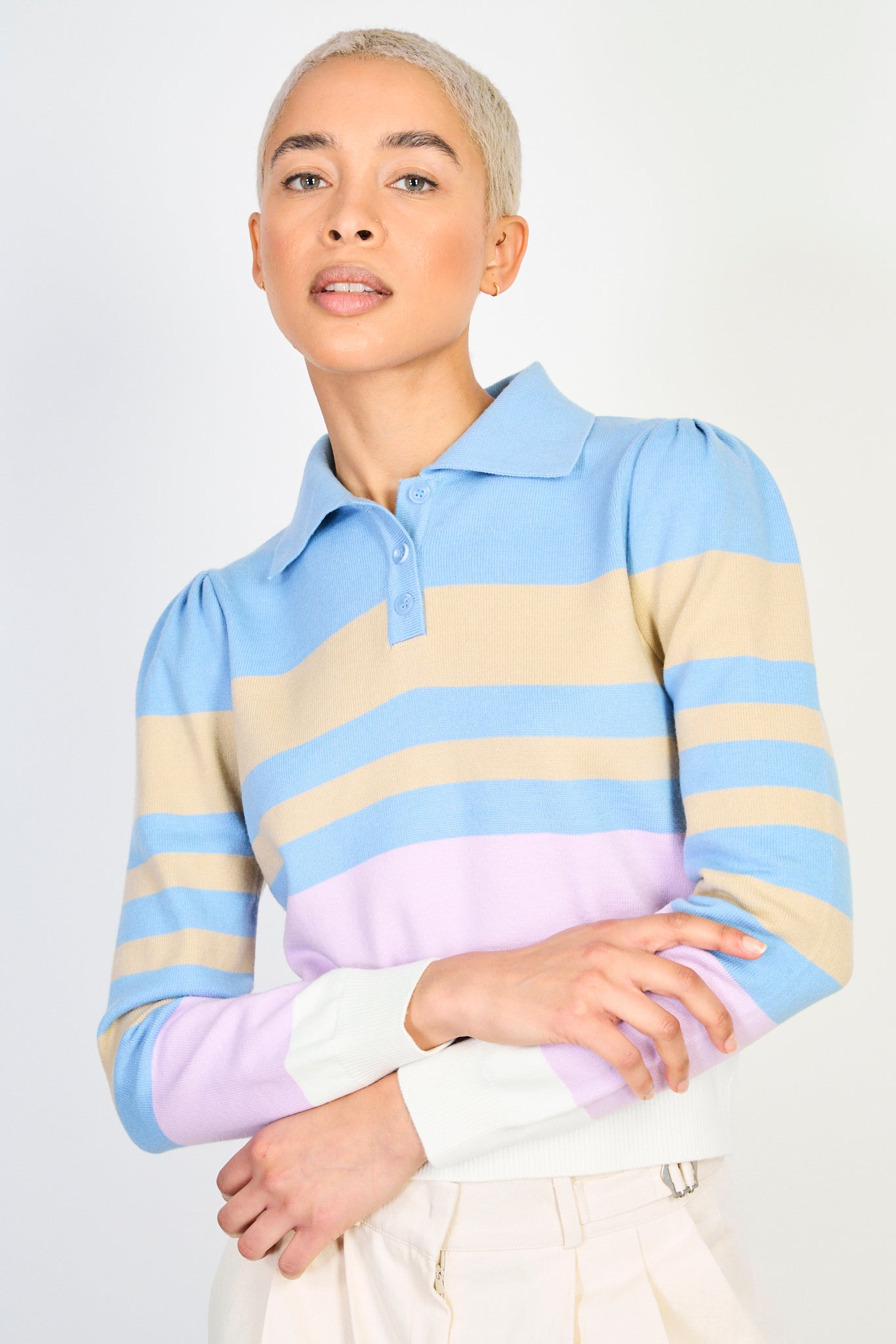 Blue beige and purple striped polo knit top_1