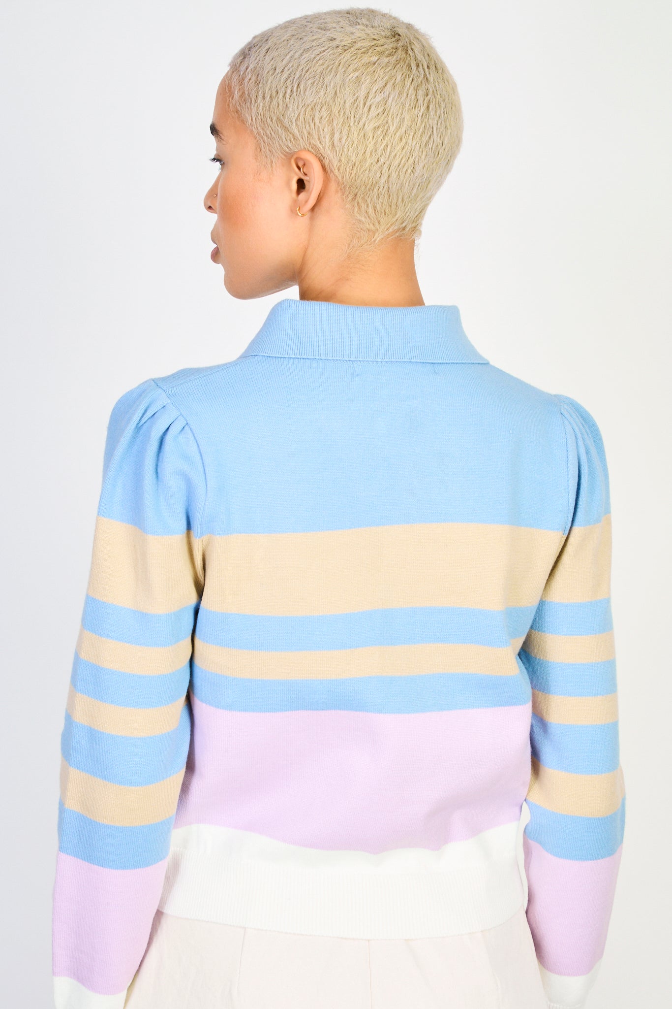 Blue beige and purple striped polo knit top_2
