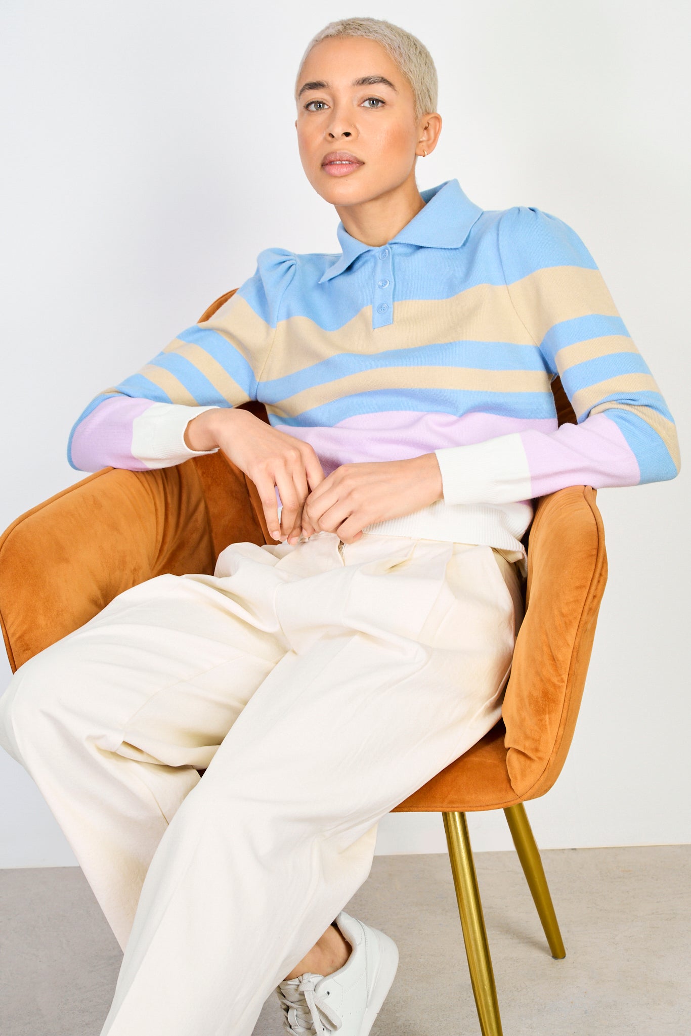 Blue beige and purple striped polo knit top_4