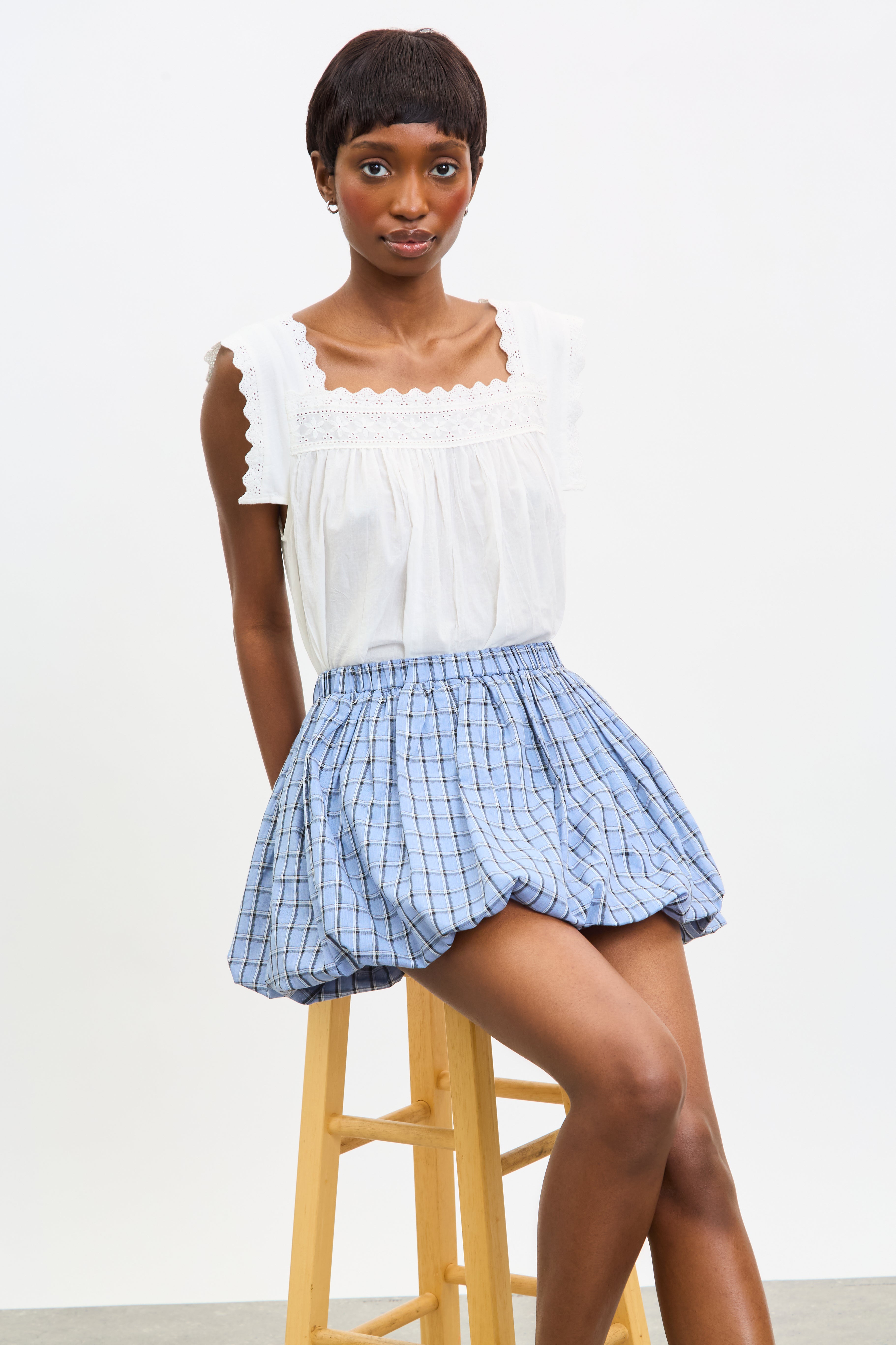 Blue black and ivory large check bubble skirt_5