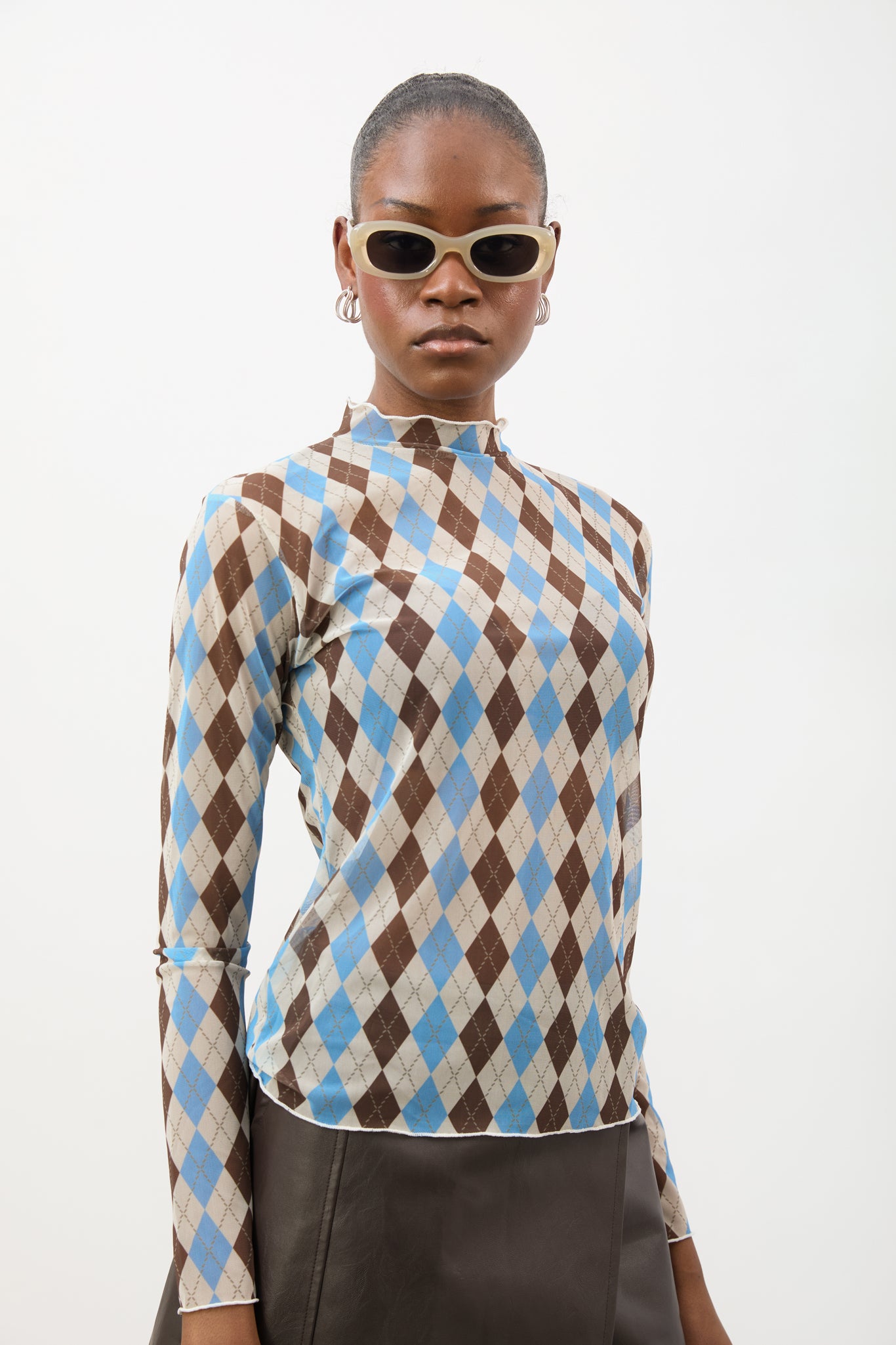 Blue brown and ivory argyle sheer long sleeve top_2