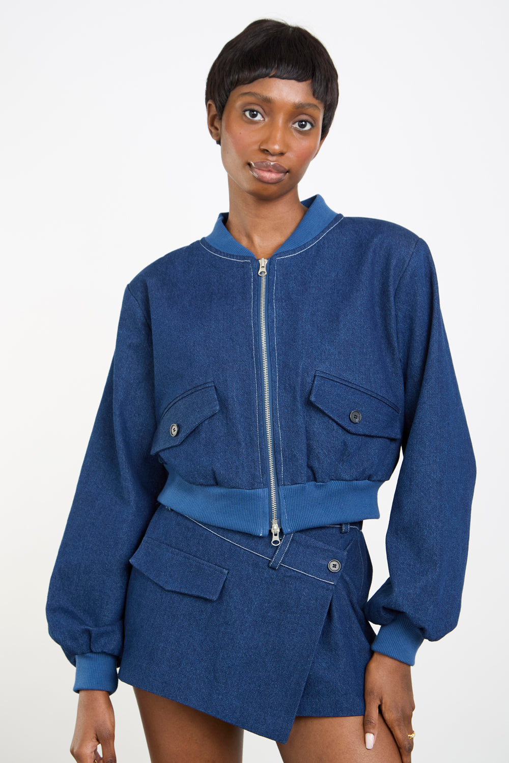 Blue denim contrast stitch bomber_1