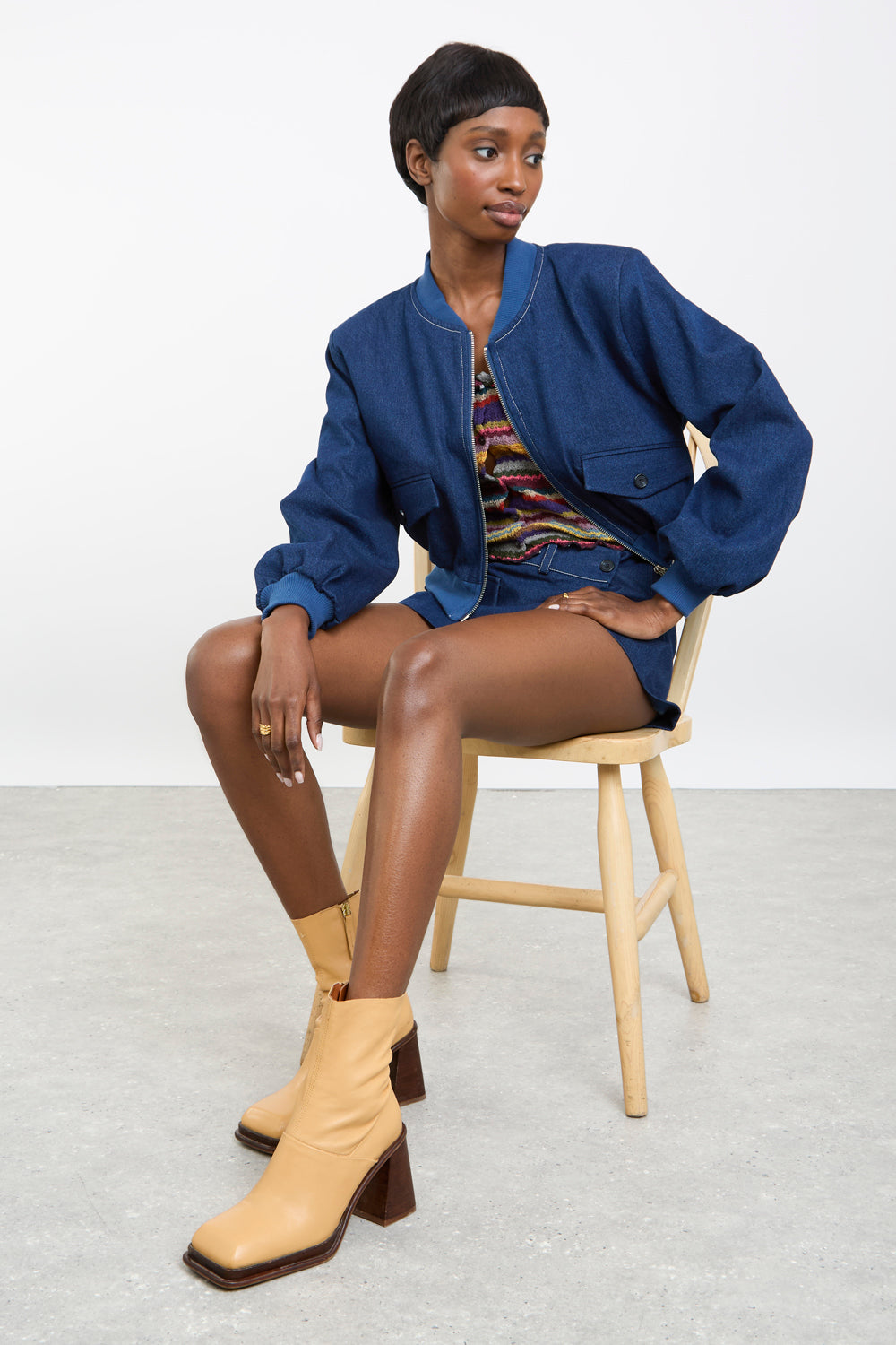 Blue denim contrast stitch bomber_6