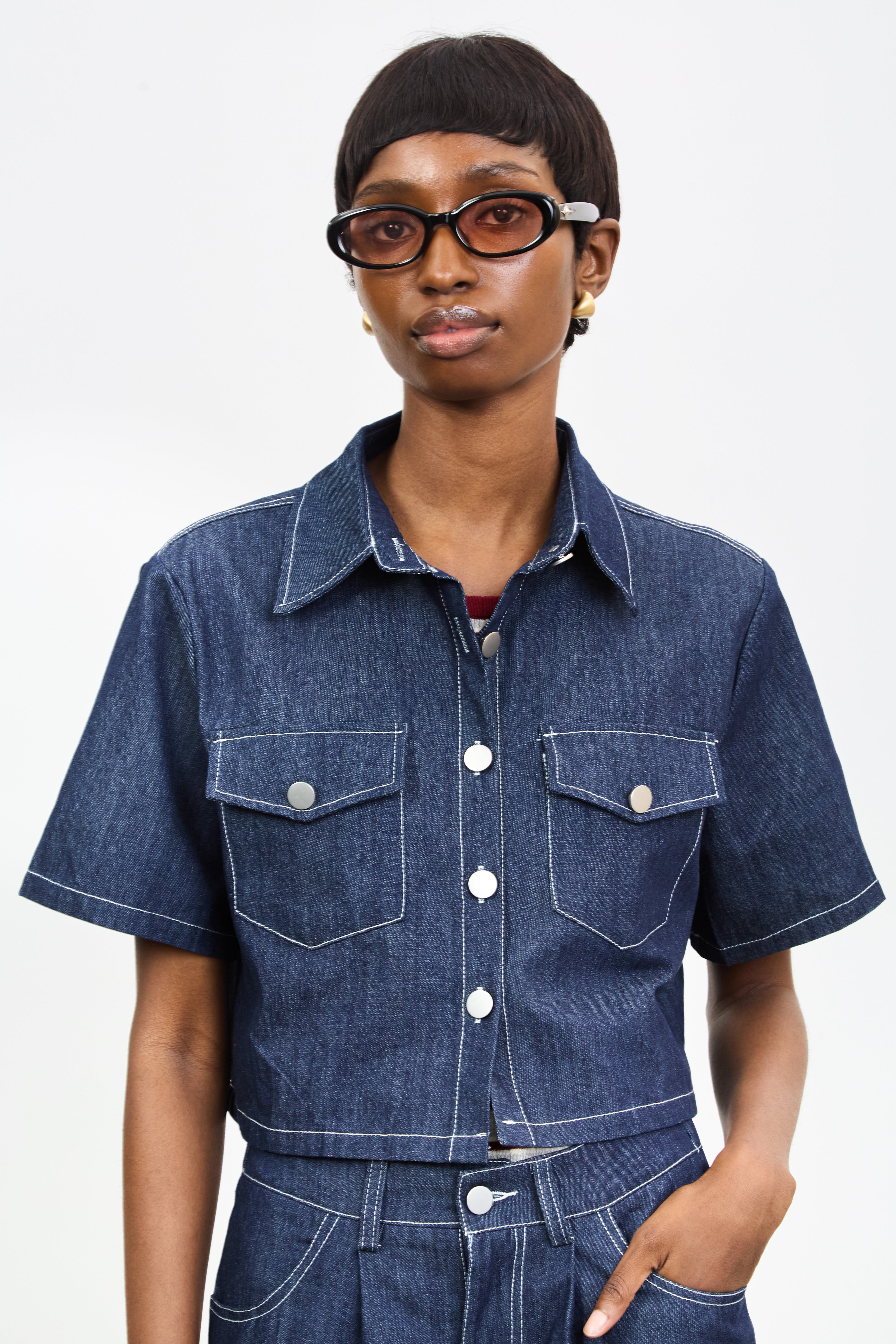 Blue denim contrast stitch short sleeve jacket_1