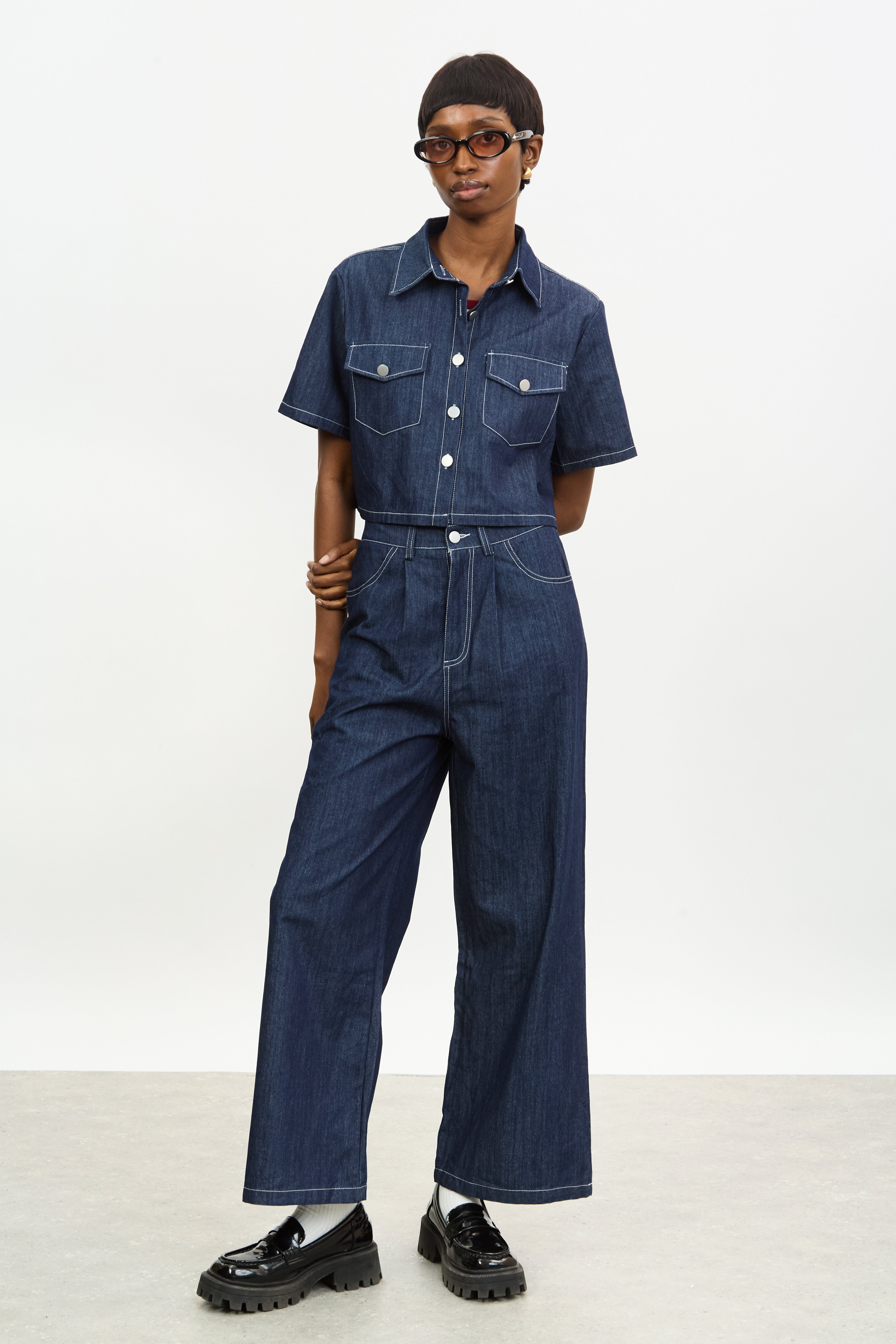 Blue denim contrast stitch short sleeve jacket_5