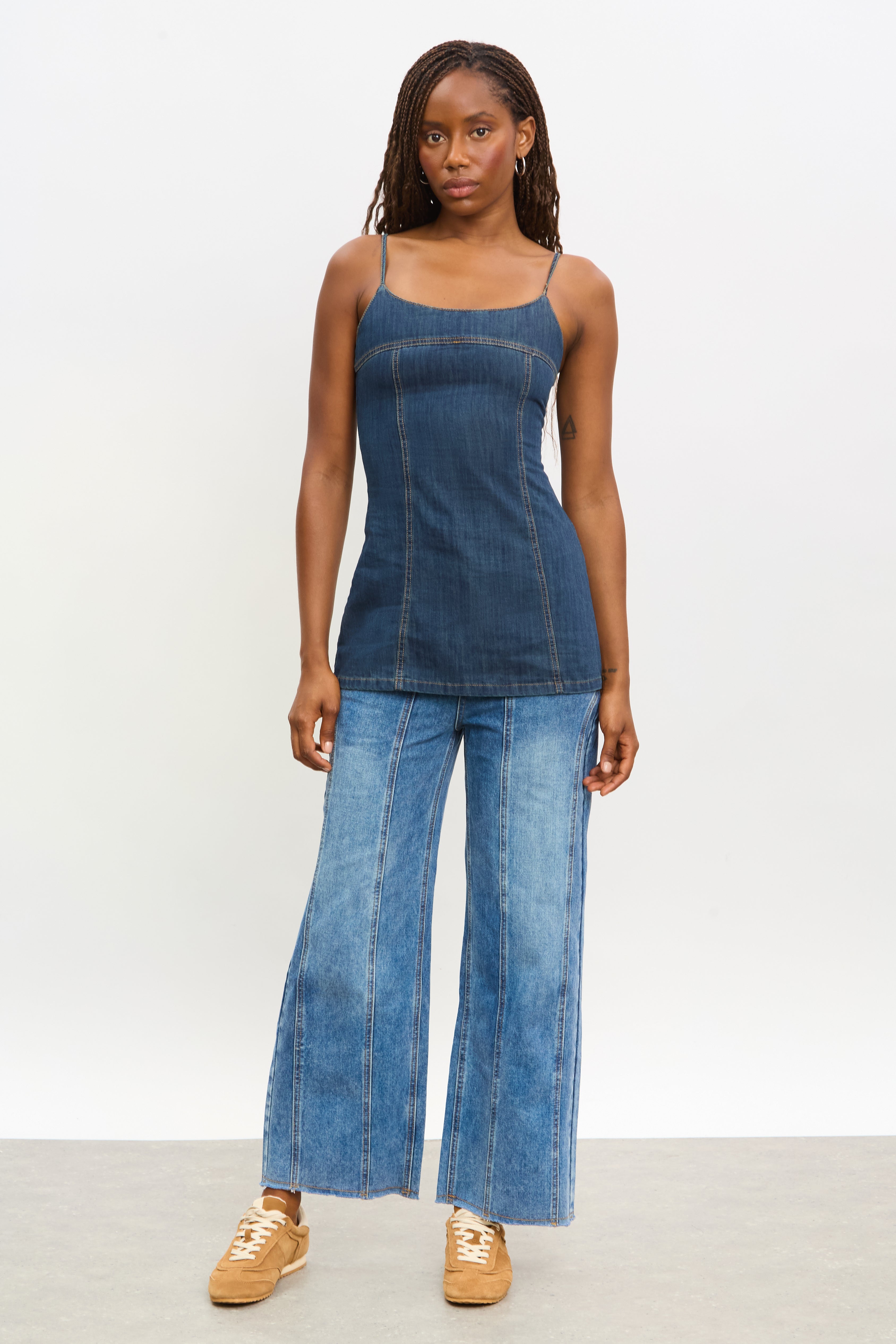 Blue denim long line contrast stitch tank_4