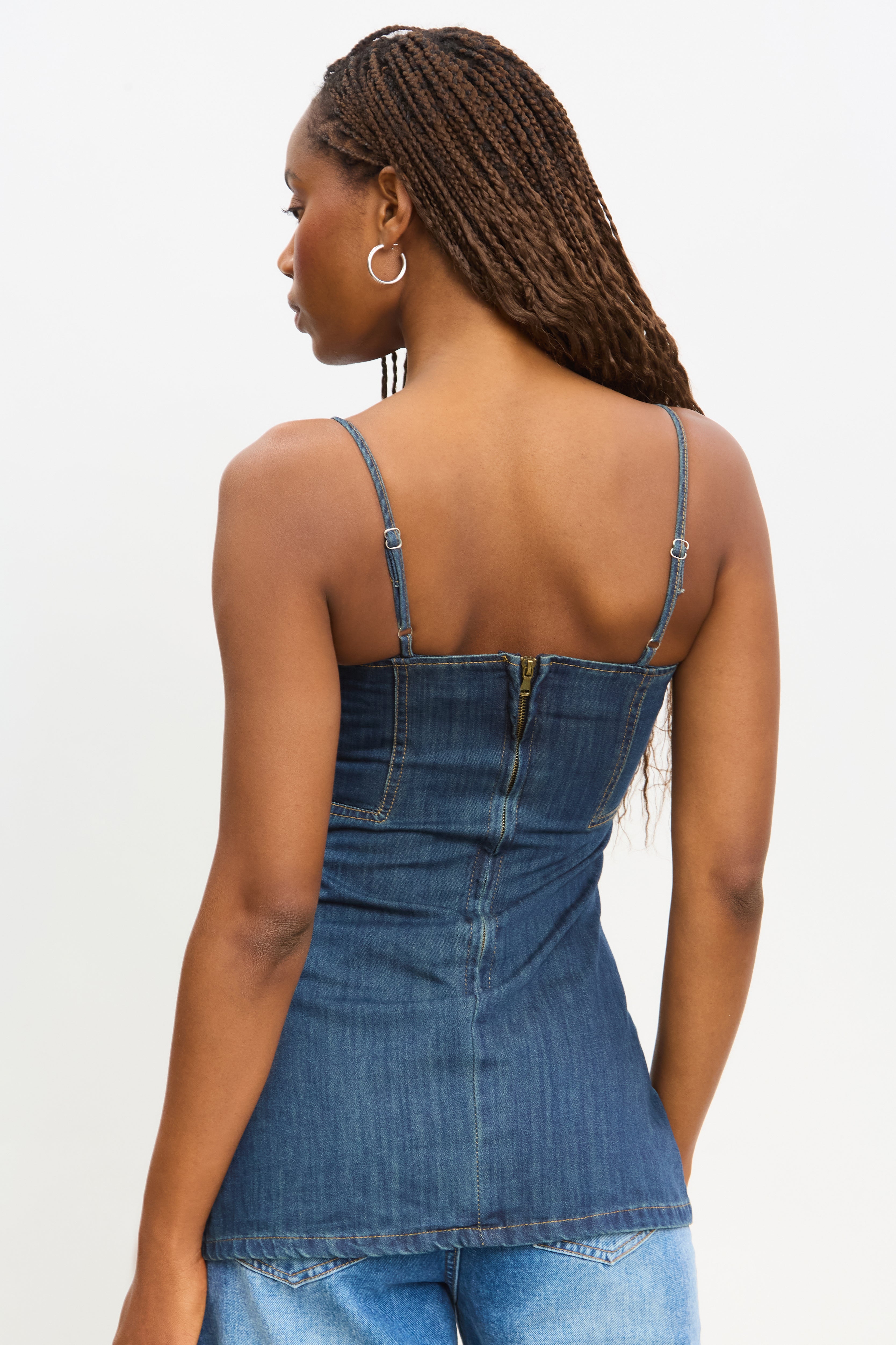 Blue denim long line contrast stitch tank_2