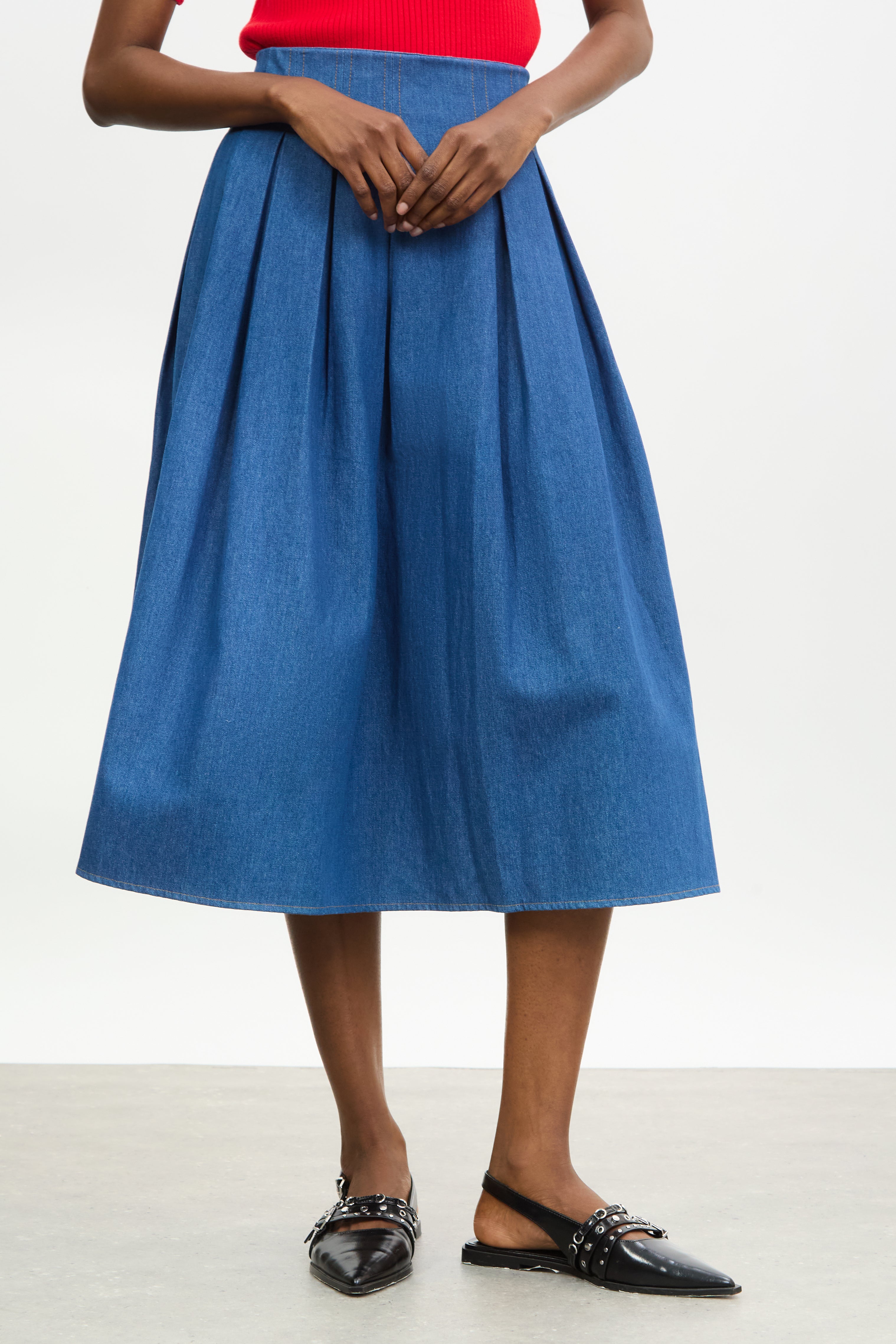 Blue denm contrast stitch box pleat skirt_1