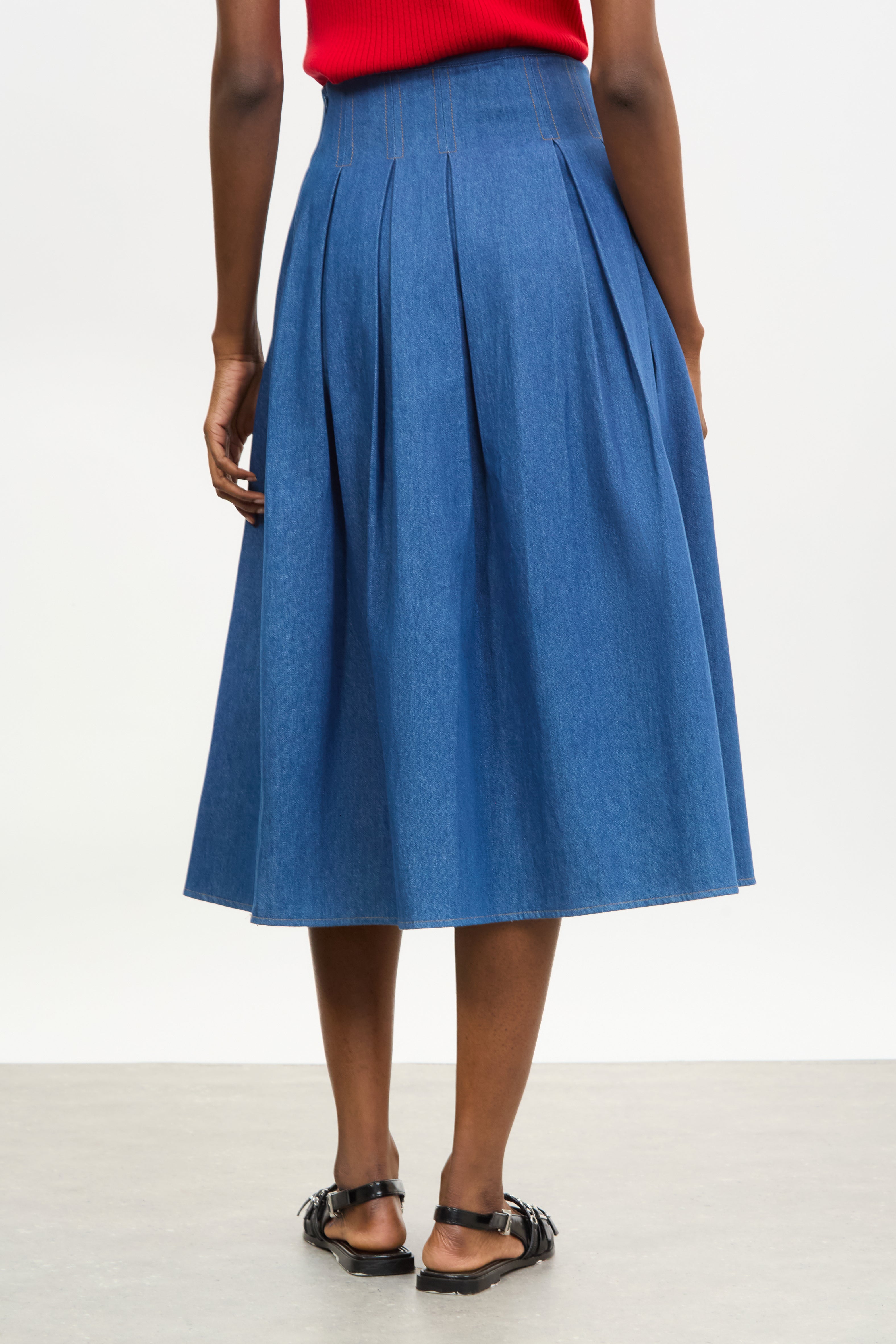 Blue denm contrast stitch box pleat skirt_2